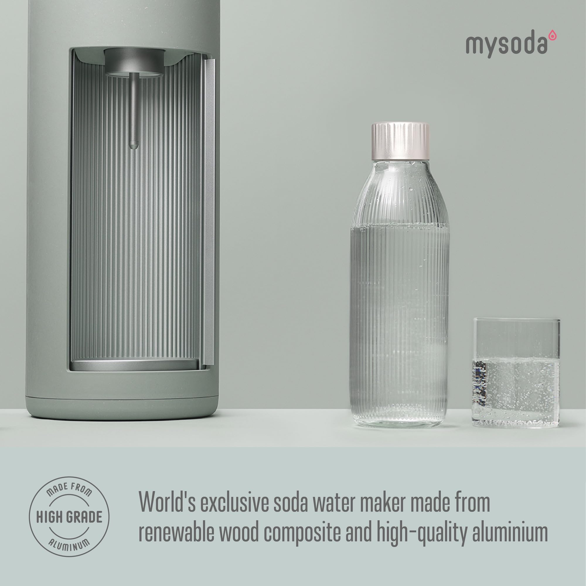 Mysoda Glassy Design Sparkling Water Maker - 1L Glass & Plastic Bottle, Silent Nordic Soda Machine with Sliding Door - Green (No Cylinder Included) | Perfect for Home, Office, Parties & Healthy Hydration