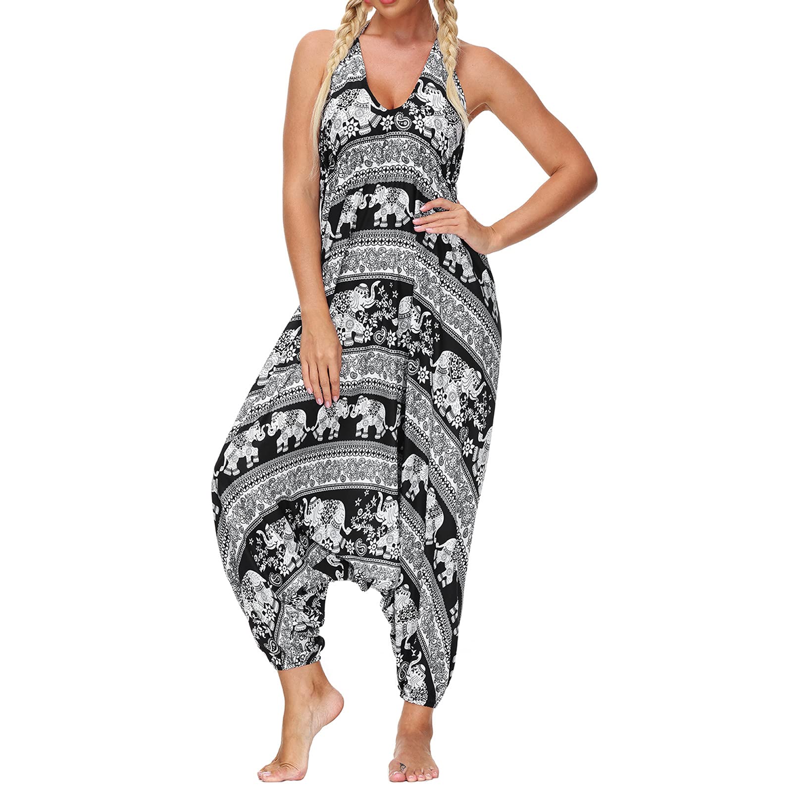 Women's Jumpsuit - Stylish Gypsy Playsuit with V-Neck, Loose Fit Yoga Harem Pants & Palazzo Trousers | Perfect for Jogging, Yoga, and Casual Wear