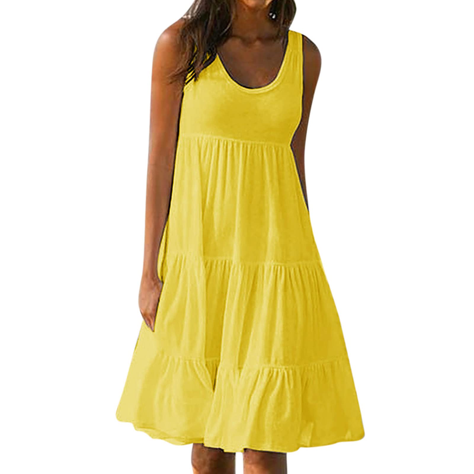 Women's Summer Dresses - Solid Color Beach Tank Sundress, Sleeveless Round Neck Flowy Tiered Maxi Dress for Vacation, Pool Party & Casual Outings