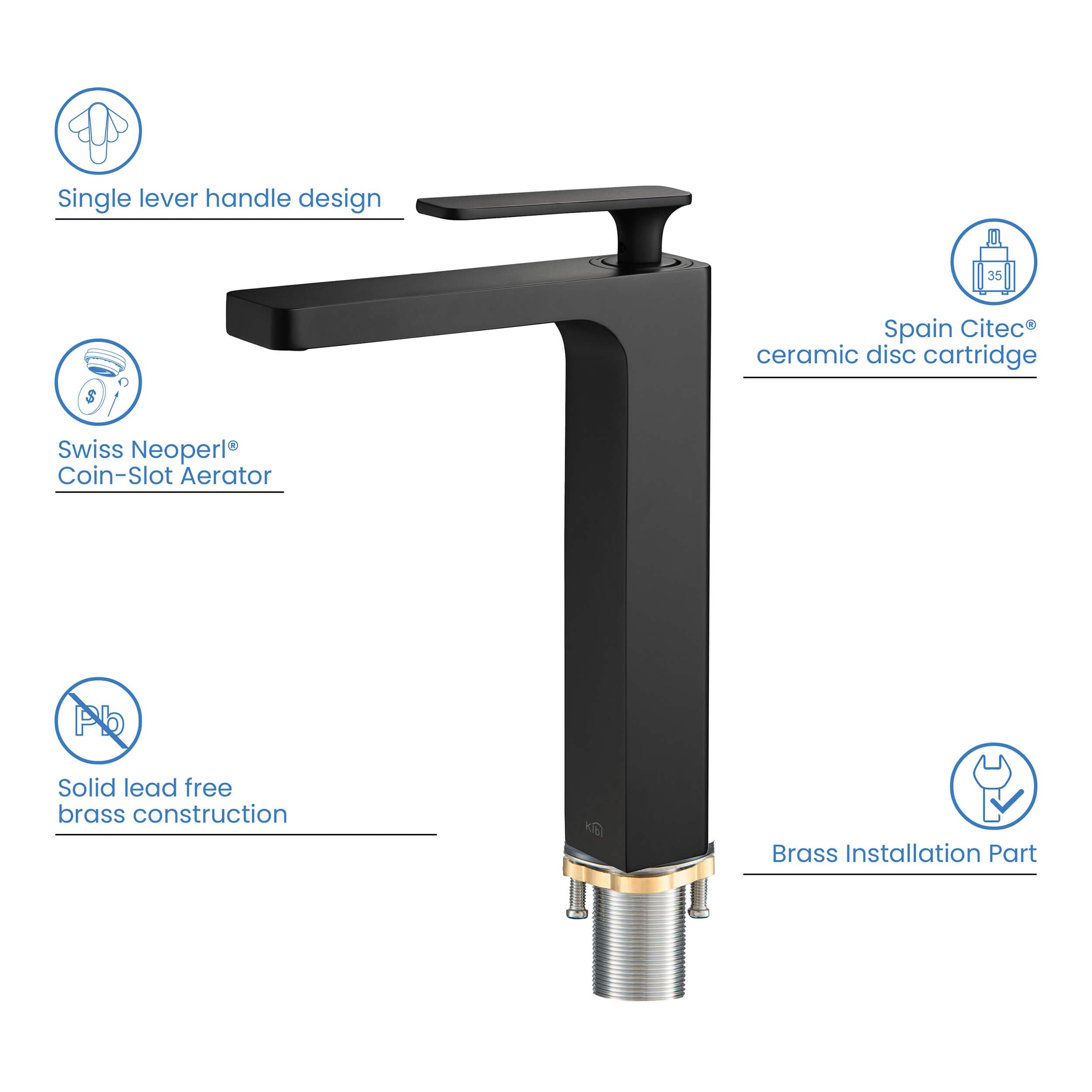KIBI KBF1007 Infinity Single Handle Bathroom Vanity Sink Faucet - Solid Brass Lavatory Faucet with Water Supply Hose - Durable Corrosion-Resistant Matte Black Finish - Includes Pop-Up Drain - Perfect for Modern Bathroom Renovation and Home Upgrade