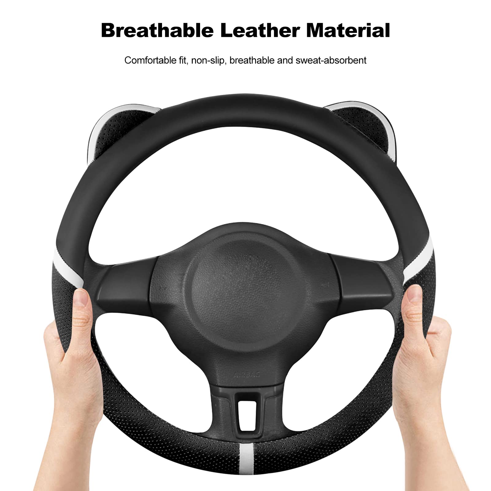 Ergocar Round Steering Wheel Cover - Microfiber PU Leather with Cat Ears Design, Anti-Slip & Breathable (15