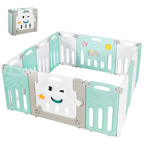 Costzon Foldable Baby Playpen - 14-Panel Safety Play Yard with Locking Door & Non-Slip Rubber Bases, Adjustable Shape for Toddlers & Kids (Green/White) - Perfect for Indoor & Outdoor Use in Living Rooms, Backyards, and Daycares