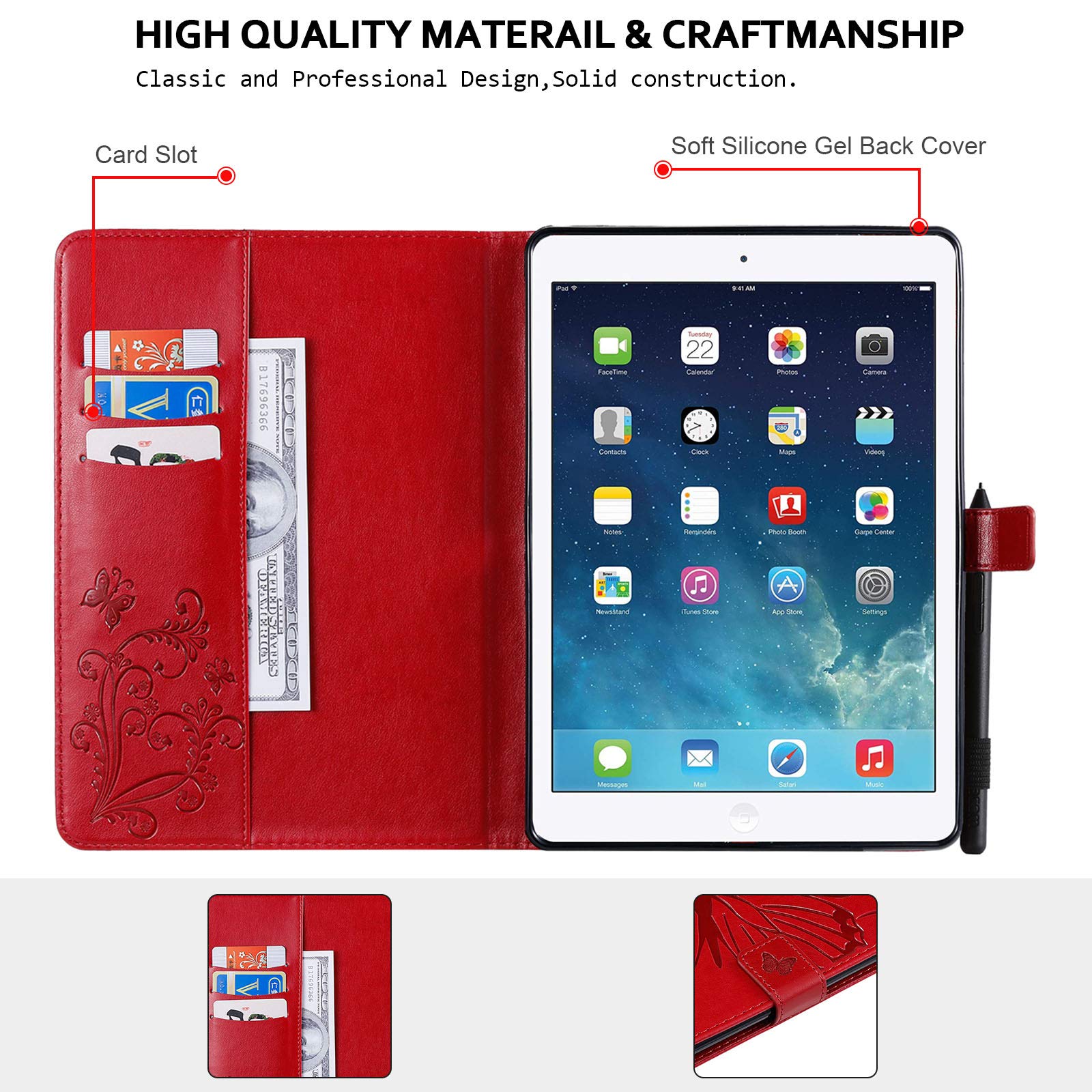 Premium Magnetic Leather Case for iPad 10.2 (9th/8th/7th Gen) & iPad Air 10.5 - Techcircle Butterfly Embossed Folio Cover with Auto Sleep/Wake | Wallet Stand & Protective Case (Red) - Perfect for Work, Travel & Daily Use