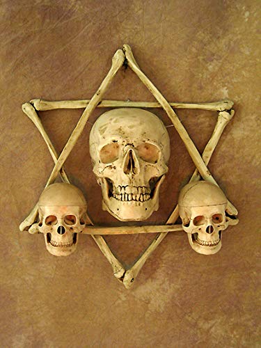 Hexagram Bone Frame Wall Sconce with Life-Size Skull & Two Mini Skulls - Gothic Home Decor for Halloween, Haunted House & Dark Aesthetic Interiors
