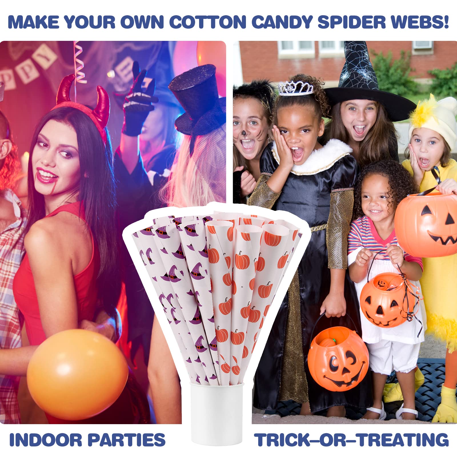 50 Pack Premium Cotton Candy Cones - Multicolor Paper Cones for Cotton Candy Machines & Candy Floss Sugar - Halloween Party Supplies & Trick-or-Treating - Perfect for Birthday Parties, Carnivals, and Festive Events