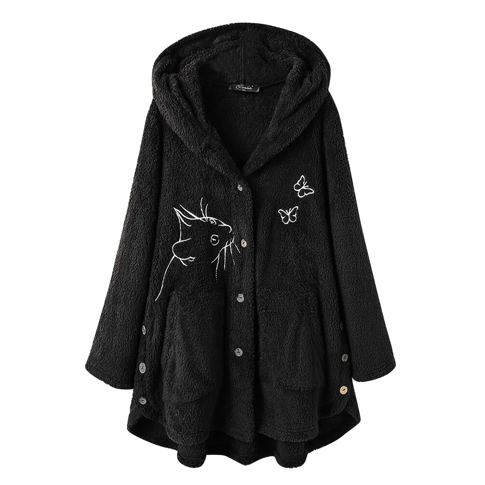 Women's Winter Hooded Plush Wool Trench Coat - Loose Fit Button-Up Cardigan with Printed Design | Cozy Outerwear for Casual Outings, Office Wear & Cold Weather Fashion
