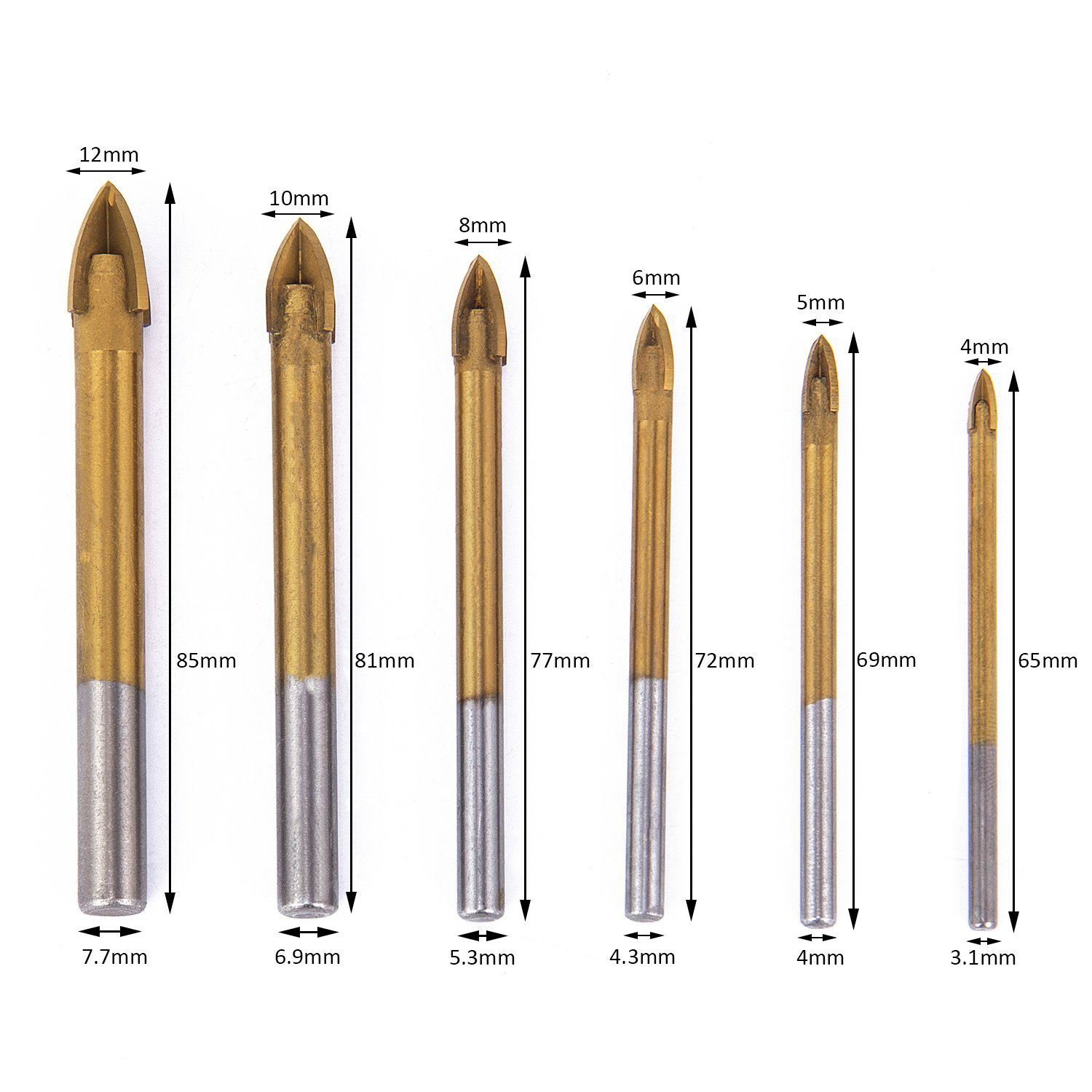 6PCS Titanium Coated Glass Drill Bit Set - Hex Shank Cross Spear Head for Ceramic Tile, Marble & Porcelain - Perfect for Bathroom Renovation & DIY Home Improvement Projects