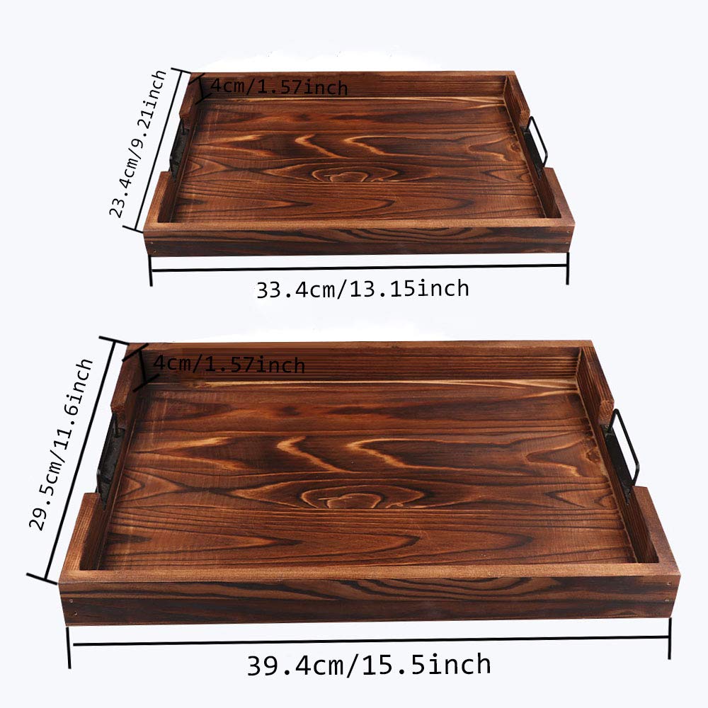 Rustic Wooden Serving Tray Set of 2 - Brown Decorative Food Tray for Coffee, Tea & Snacks - Perfect for Kitchen, Dining Table & Party Serving