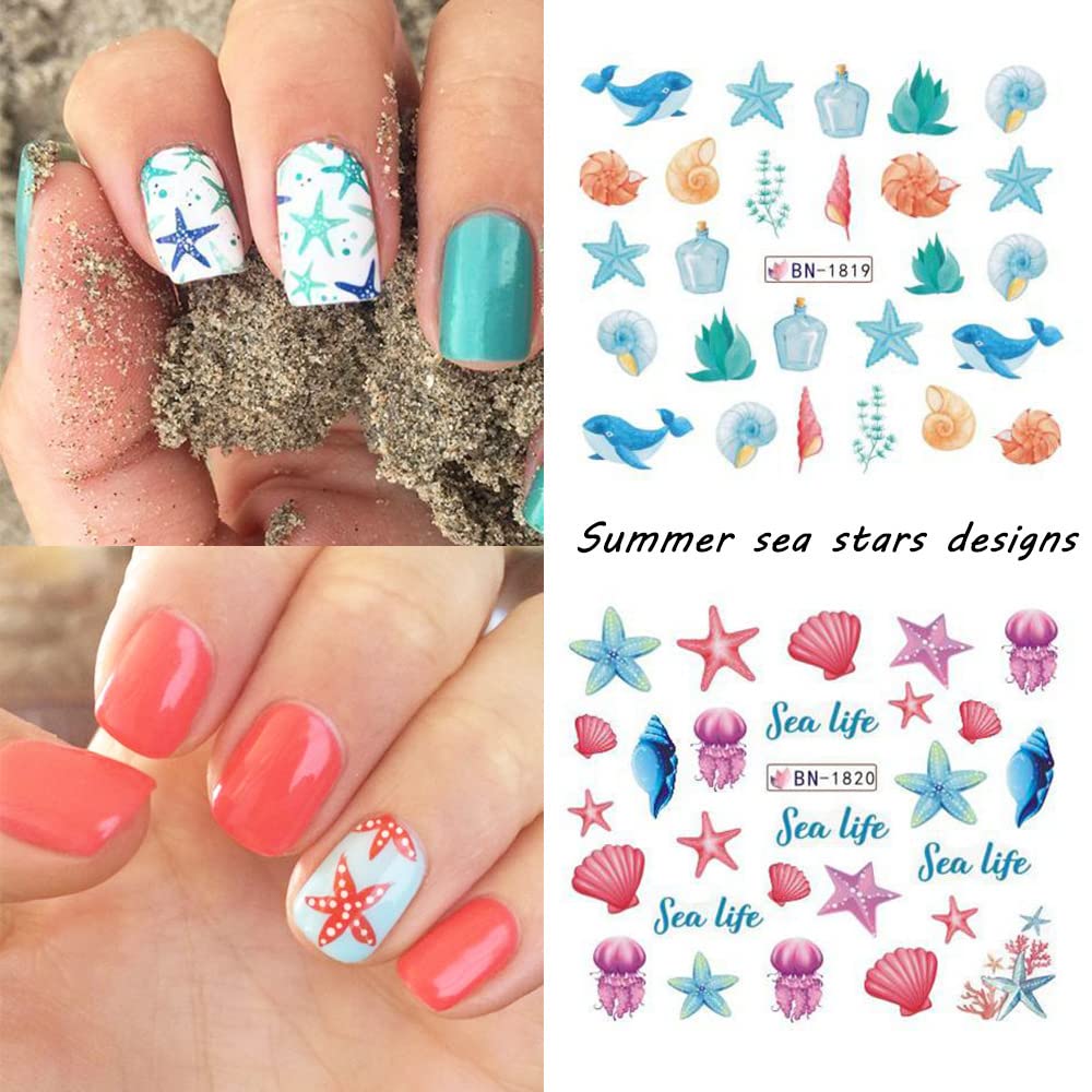 Ocean Nail Stickers - 12 Sheets Water Transfer Decals for Summer Nails | Starfish, Shark & Jellyfish Designs for DIY Manicures & Acrylic Nail Art