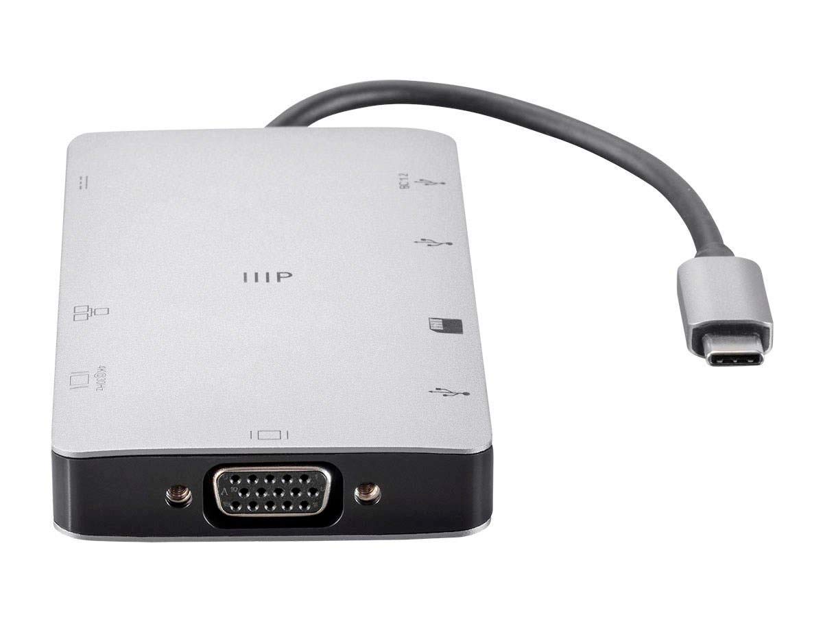 Monoprice USB-C Travel Dock - 6-in-1 Multiport Adapter with HDMI, VGA, Gigabit Ethernet, 2x USB 3.0 Ports, SD/MicroSD Card Reader & 100W PD Charging (Silver) - Perfect for Business Travel, Home Office & MacBook Pro/Air Connectivity