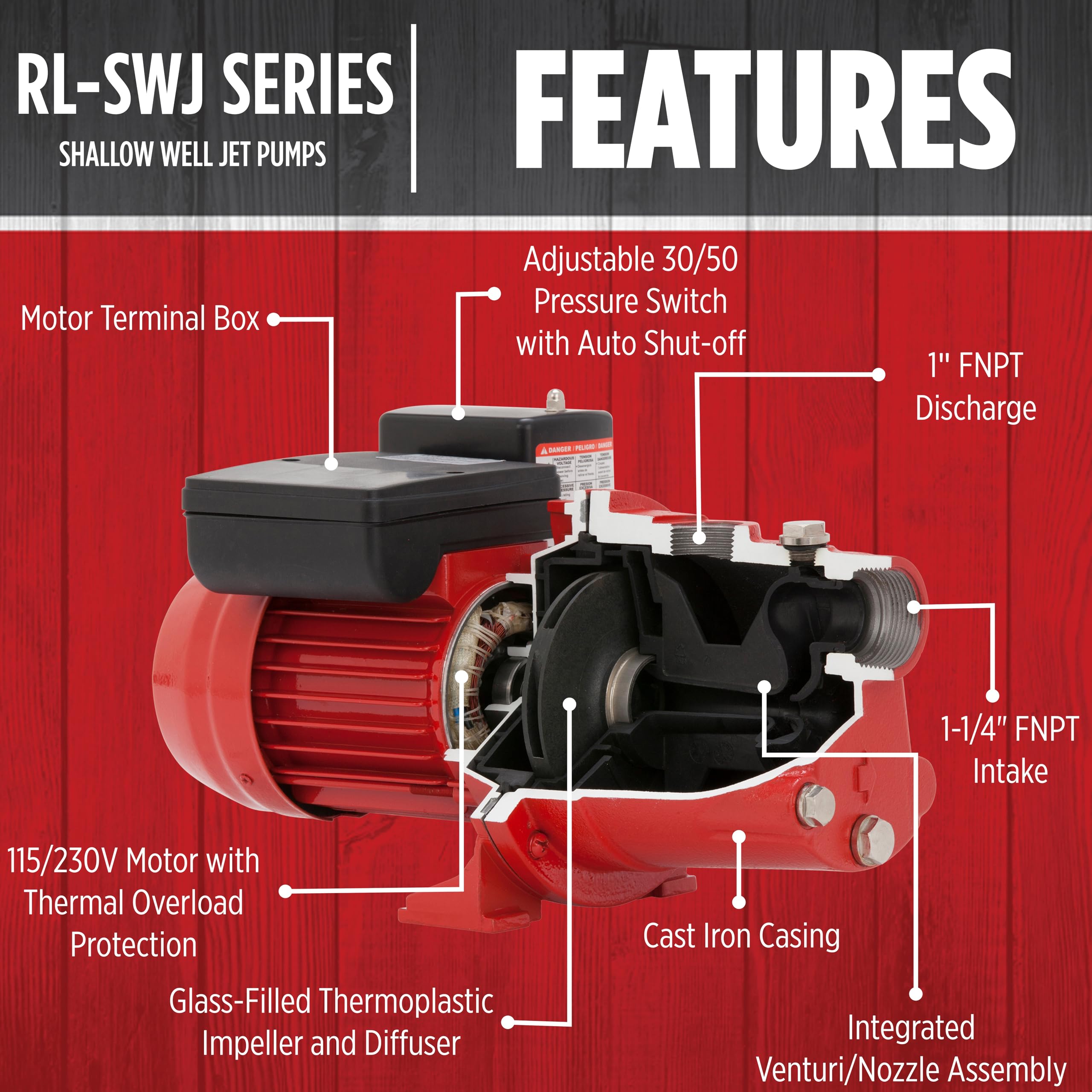 Red Lion RL-SWJ100 1 HP Cast Iron Shallow Well Jet Pump - 17 GPM, Dual Voltage (115V/230V) - Ideal for Home Water Supply, Irrigation & Farm Use - Model 97081001