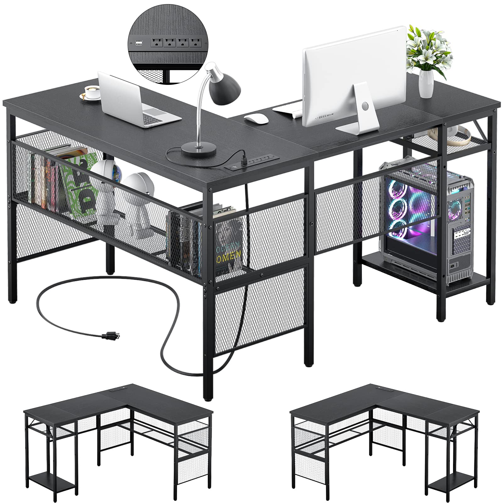 L-Shaped Desk with USB Charging Port & Power Outlet, Reversible Corner Computer Desk with Storage Shelves - Industrial Gaming & Office Desk for 2 People, Modern Home Office Workstation (Black) - Perfect for Small Spaces, Gaming Setups & Shared Workspaces
