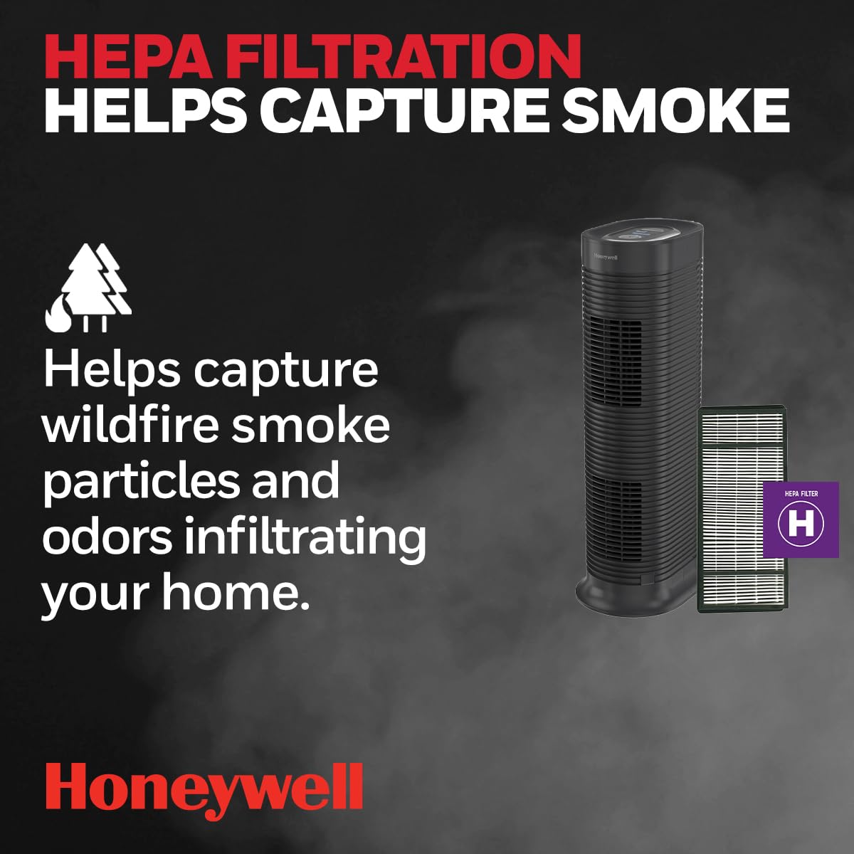 Honeywell HPA160 AllergenPlus HEPA Tower Air Purifier for Medium-Large Rooms (170 sq ft) - Removes Wildfire Smoke, Pollen, Pet Dander & Dust - Black Air Cleaner for Home, Office & Bedroom Allergy Relief