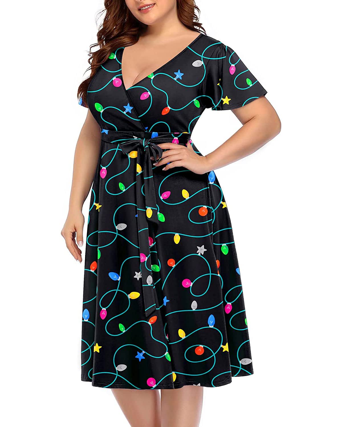 Plus Size Pinup Fashion Women's Cocktail Dress - Semi Formal Wrap Empire Waist Midi Dress for Wedding Guest & Special Occasions
