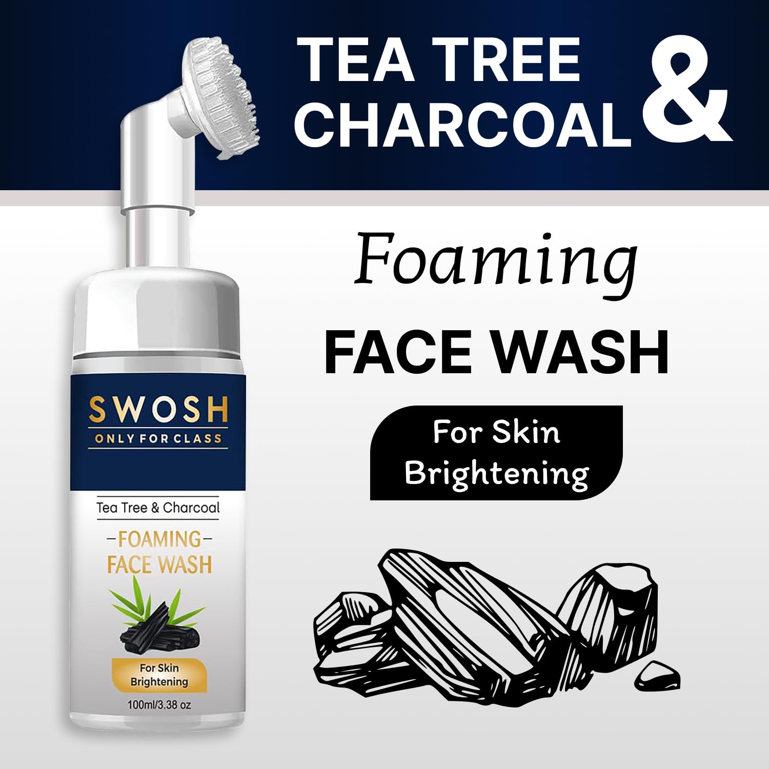 Swosh Activated Charcoal & Tea Tree Oil Face Wash 100ml with Built-in Silicone Brush | Deep Cleansing, Oil Control for Normal to Oily Skin - Gentle Exfoliating Facial Cleanser for Women & Men | Perfect for Daily Skincare Routine and Acne-Prone Skin