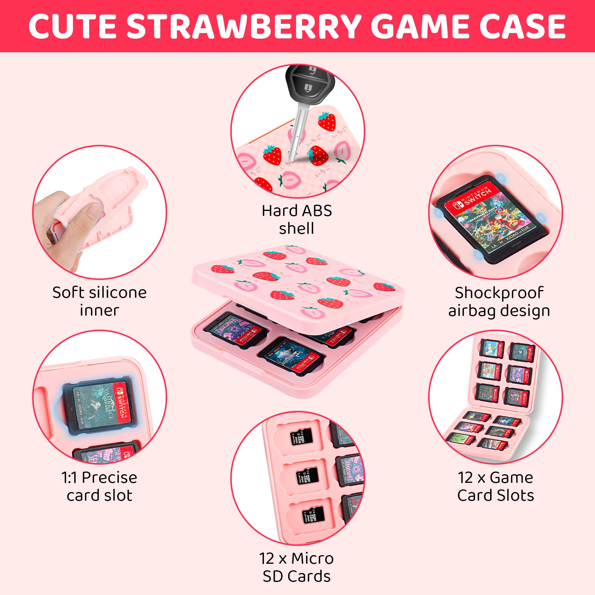 GLDRAM Pink Strawberry Nintendo Switch Carrying Case Bundle - Soft TPU Cover, Game Case, Tempered Glass Screen Protector, Thumb Grip Caps & Adjustable Shoulder Strap - Perfect Travel Accessories for Girls & Women | Portable Protection for Gaming on the Go, Commuting & Travel