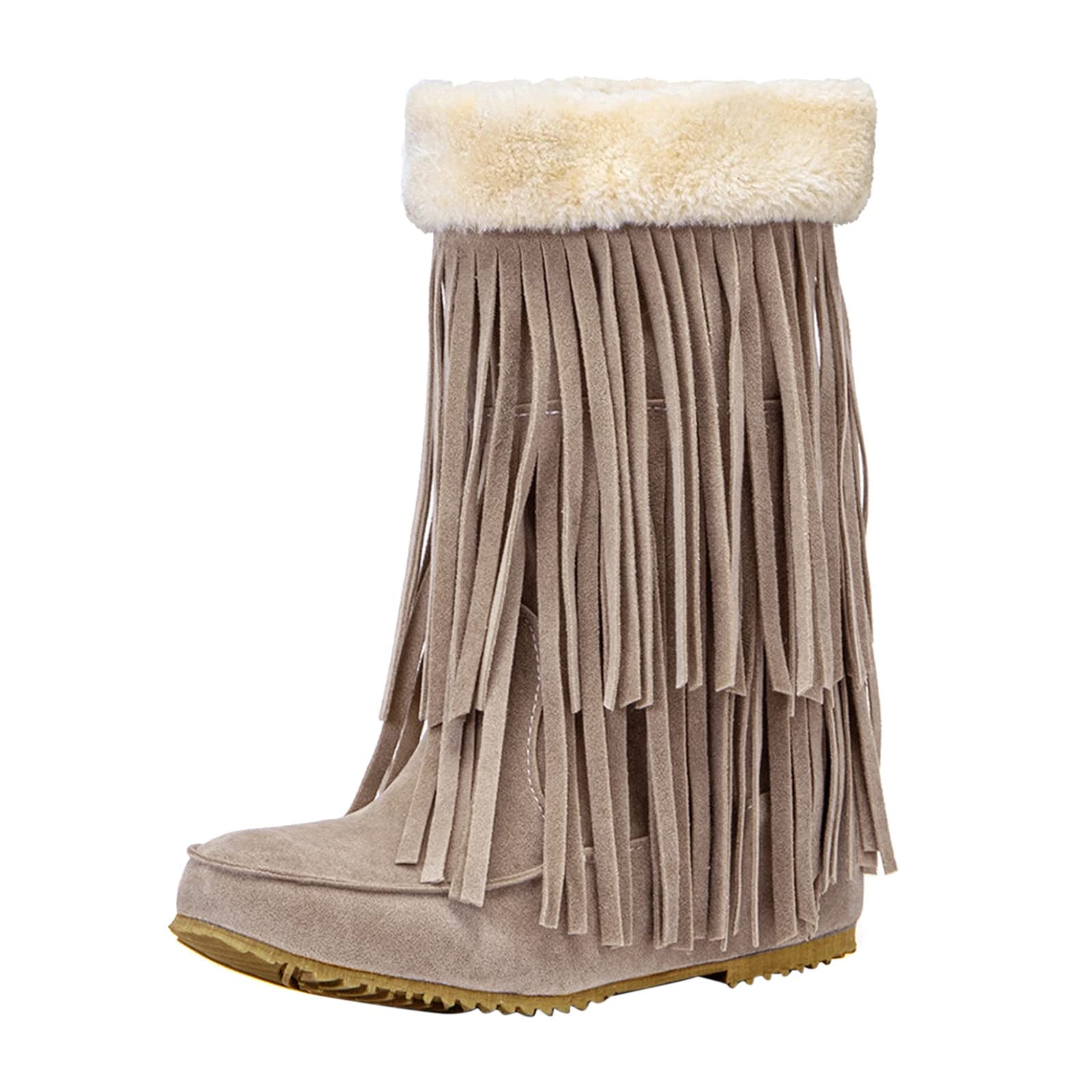 Women's Mid Fringe Casual Boots - Quilted Winter Snow Knee High Boots with Wedge Heel | Waterproof Warm Comfy Boots for Rain & Snow | Perfect for Winter Hiking, Outdoor Activities & Daily Wear