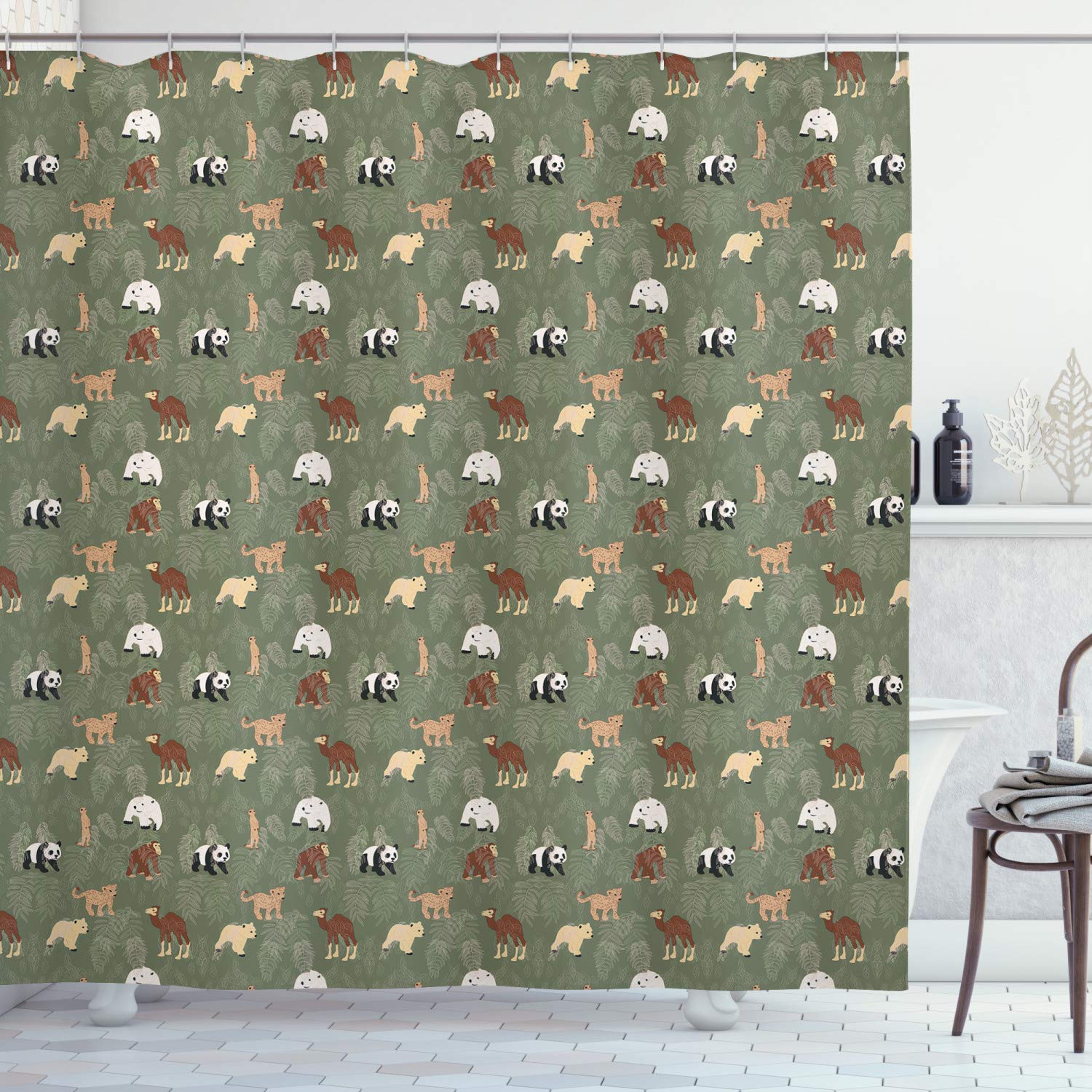Ambesonne Forest Friends Shower Curtain - Cute Monkey Panda Bear with Leaf Design, Waterproof Polyester Fabric Bathroom Decor Set Includes Hooks, 69x75 Inches, Reseda Green Multicolor - Perfect for Kids' Bathroom, Jungle Theme Nursery or Nature-Inspired Home Decor