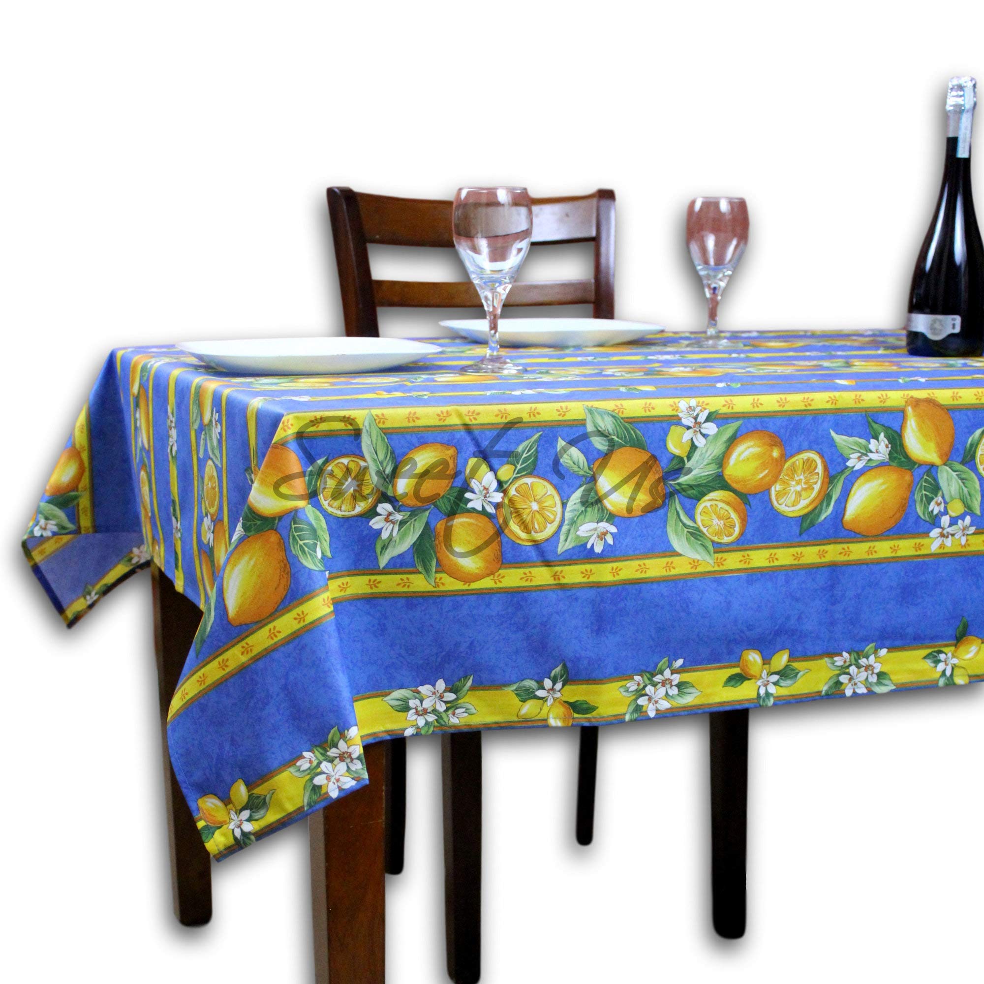 La Cigale Citron Wipeable Spill-Resistant Acrylic Coated Floral Cotton French Provencal Tablecloth - 60x78 Inch Blue - Perfect for Indoor Dining & Outdoor Picnics