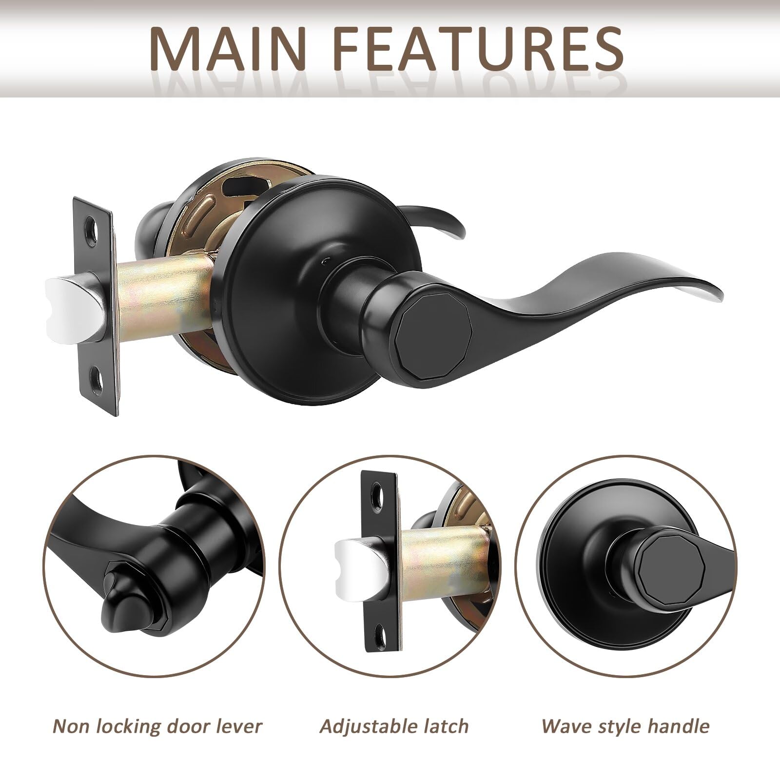 1 Pack Black Keyless Wave Levers Handles - Interior Passage Door Locksets for Hall Closet & Bedroom Doors - Reversible Right & Left Handed - Easy DIY Installation for Home & Office Use