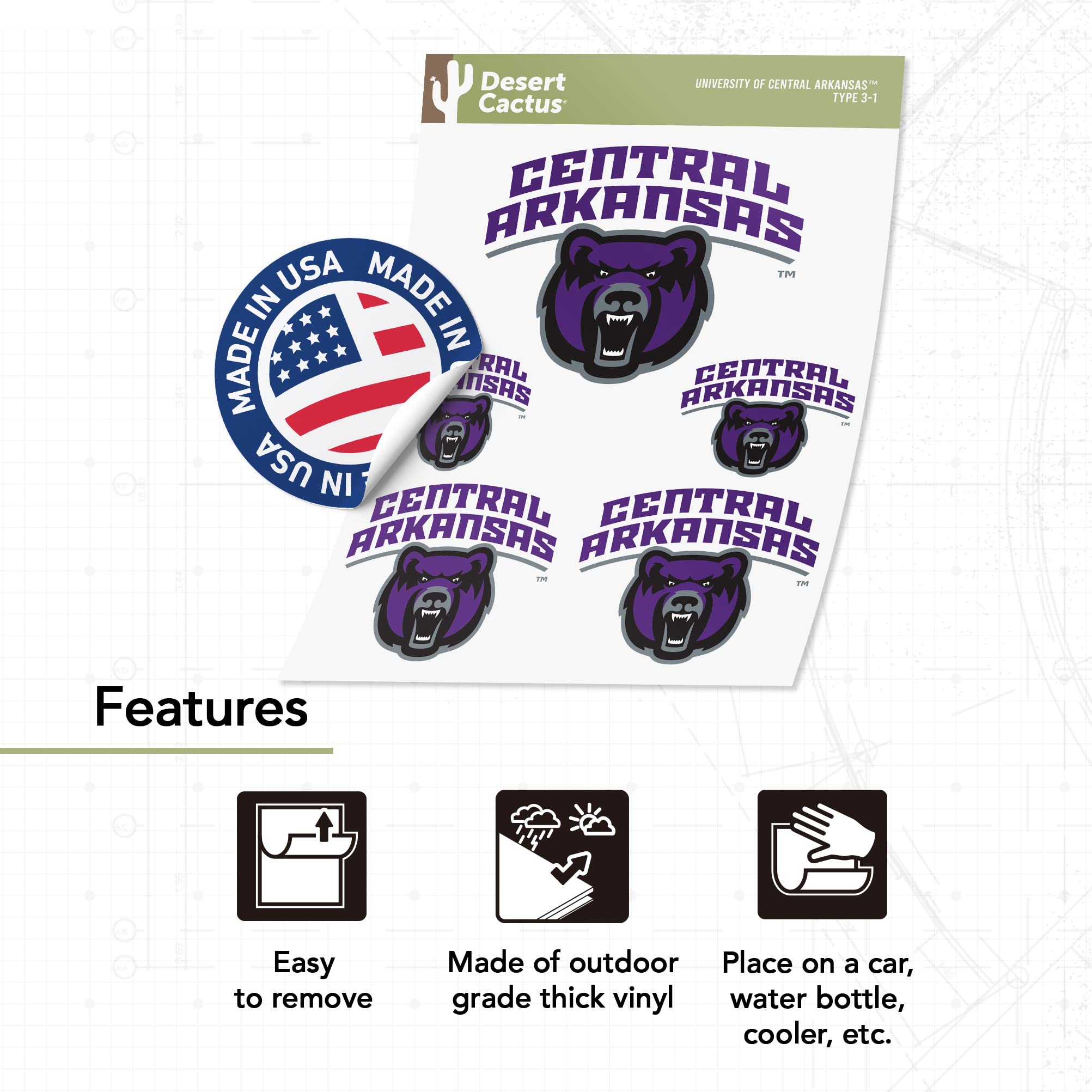 UCA Bears Vinyl Decals - Desert Cactus University of Central Arkansas Stickers for Laptop, Water Bottle, Car & Scrapbook - Durable T3 (Type 3-1) Decals for School Spirit & Fan Gifts