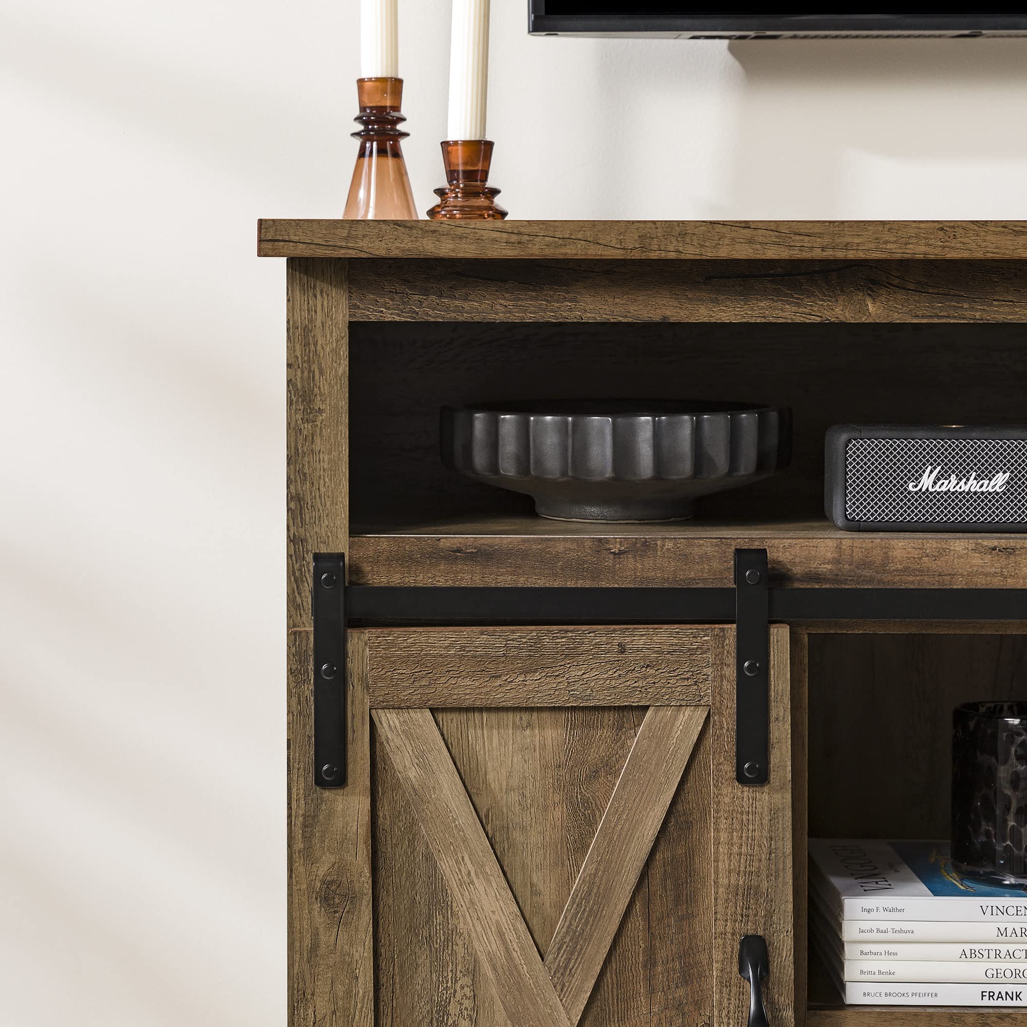Walker Edison Clayton Farmhouse TV Stand with Sliding Double Barn Doors - Rustic Oak Finish for TVs up to 58 Inches - Perfect for Living Rooms, Bedrooms & Home Theaters
