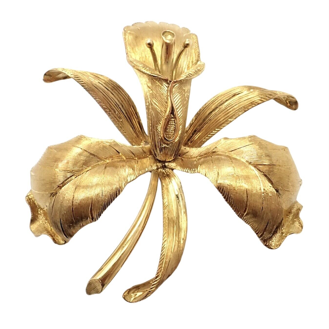 Vintage Tiffany & Co 18k Yellow Gold Large Orchid Calla Lily Pin Brooch 1950s - Elegant Floral Jewelry for Women, Gift for Her, Perfect for Weddings & Special Occasions