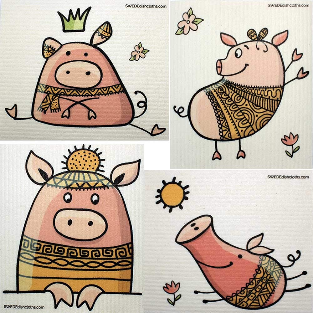 Eco-Friendly Cellulose Sponge Dish Towels - Set of 4 Reusable Swedish Dishcloths (Pigs, Fruits, Flowers, Leaves) for Kitchen Cleaning, Wiping Counters & Sustainable Living