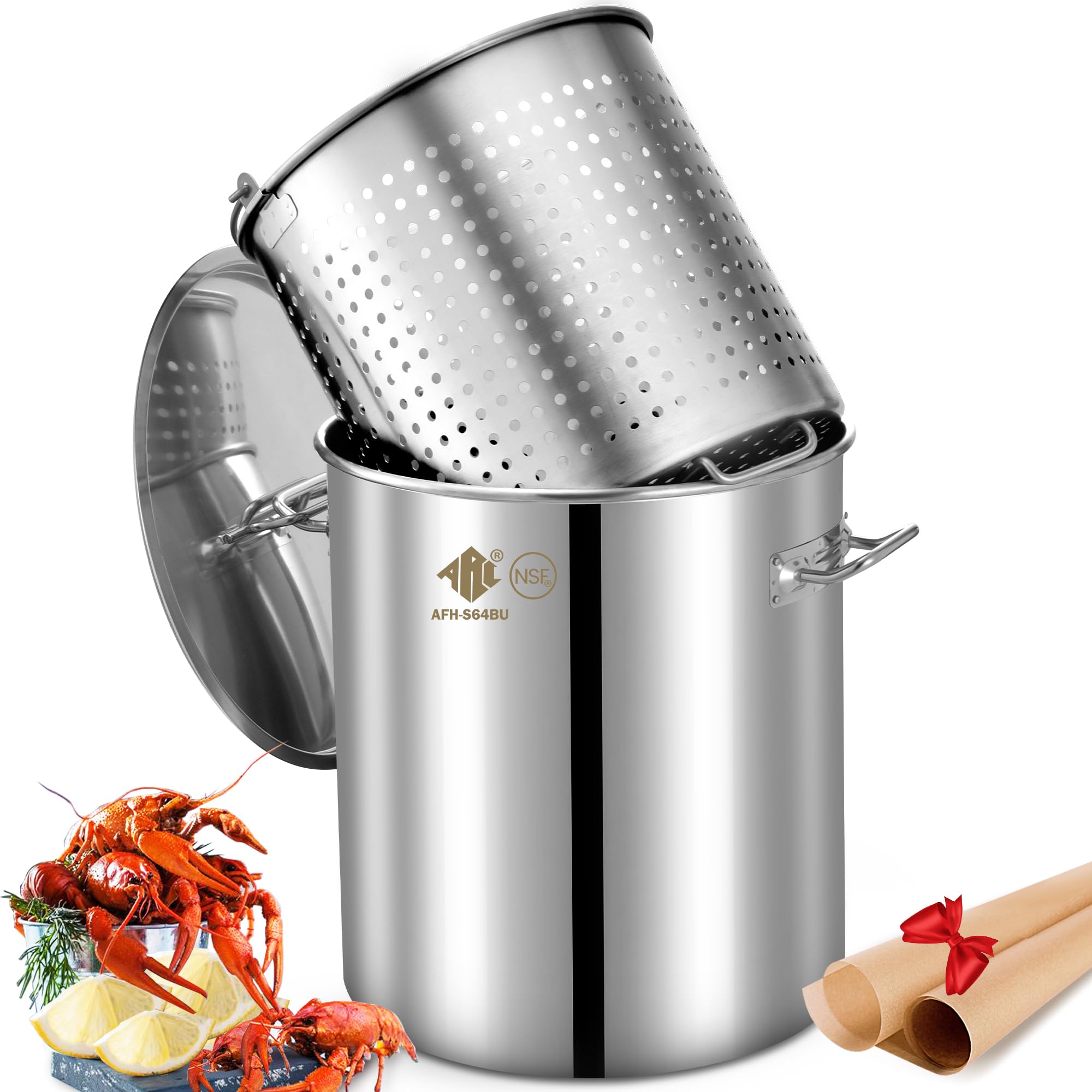 64-Quart Stainless Steel Seafood Boil Pot with Basket & Strainer - Perfect for Crawfish, Crab, Lobster & Shrimp Boils - Includes 2 Brown Paper Liners - Also Great for Turkey Frying & Large Batch Cooking (16 Gallon)