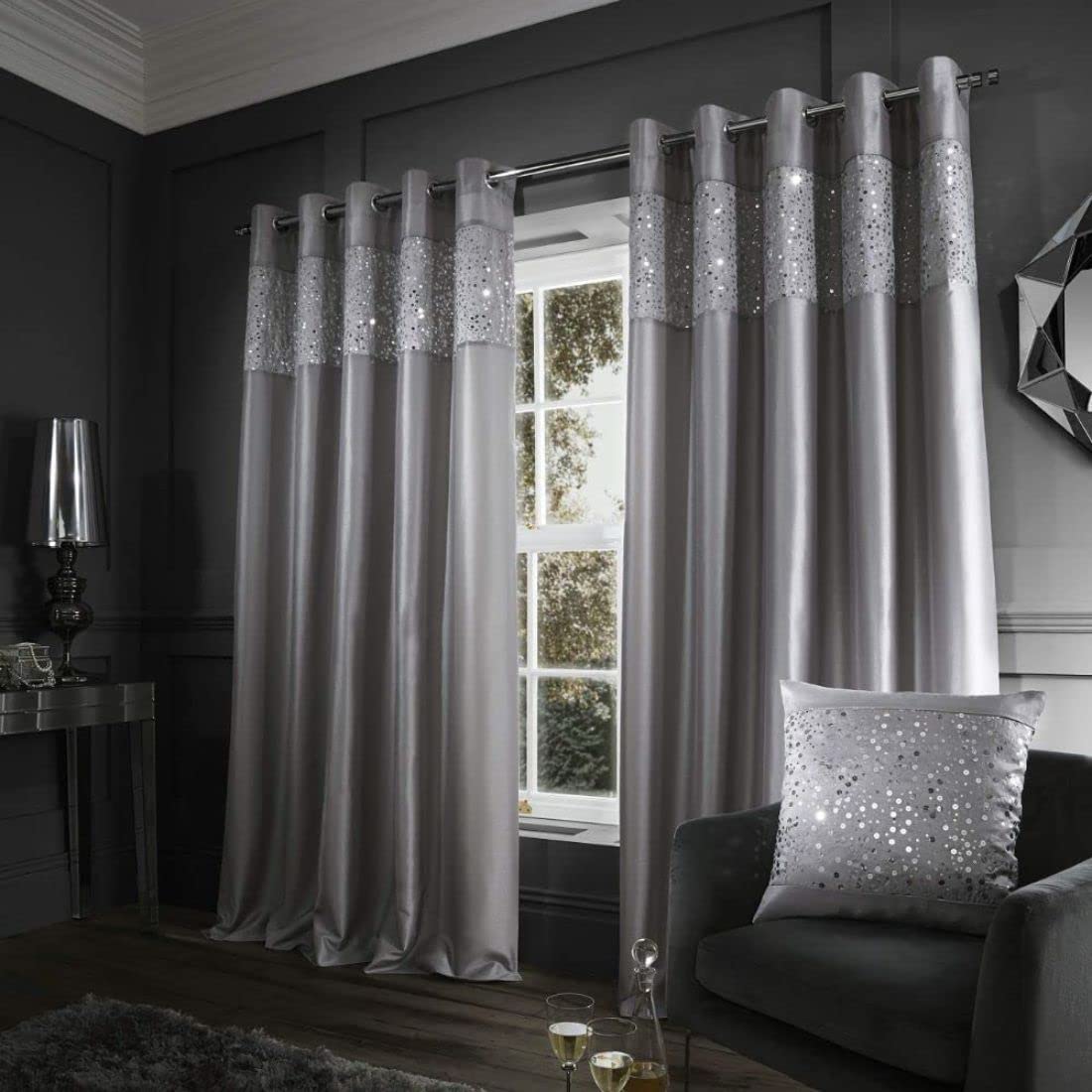 Glitzy Sequin 66x90 Inch Blackout Lined Eyelet Curtains - Set of 2 Panels in Elegant Grey | Perfect for Living Room, Bedroom & Home Theater Light Control