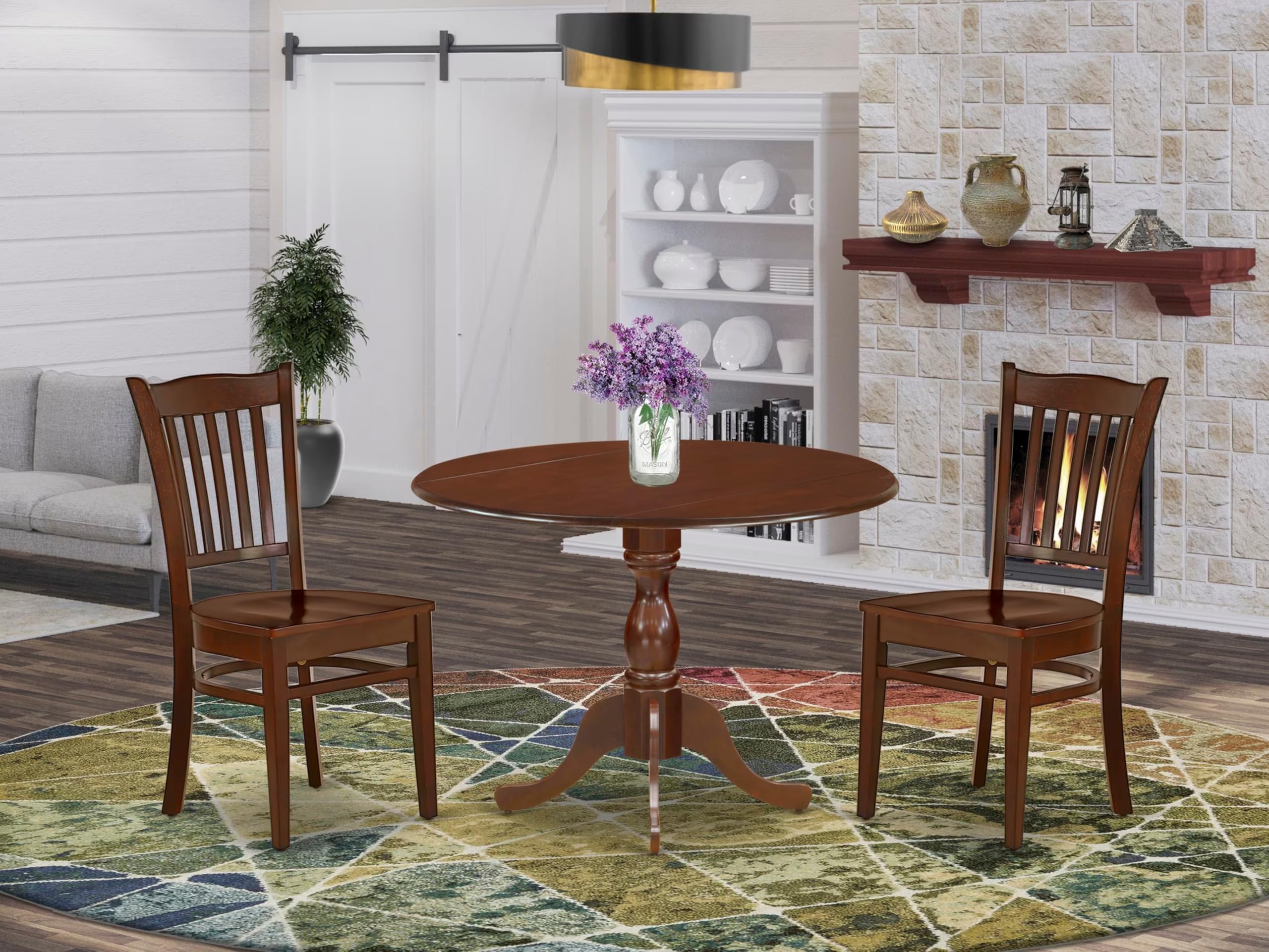 East West Furniture DMGR3-MAH-W 3-Piece Round Drop Leaf Kitchen Table Set with 2 Chairs for Small Spaces - 42x42 Inch Mahogany Dining Table - Perfect for Apartments, Breakfast Nooks & Cozy Kitchens