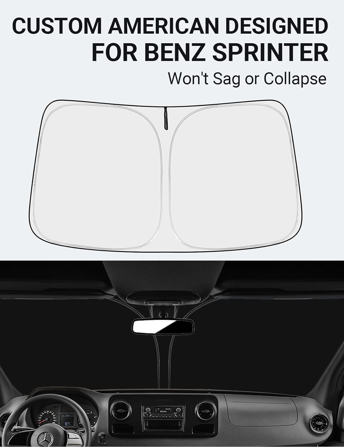 Custom Fit Front Windshield Sun Shade for 2007-2025 Sprinter & Freightliner | Foldable UV Protector for Cargo, Crew & Passenger Vans | Motorhome Accessories | Perfect for Road Trips & Summer Parking