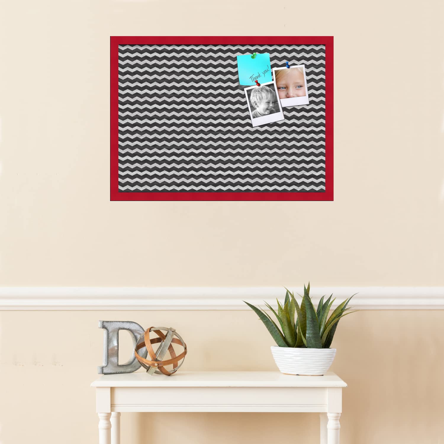 PinPix 28x20 Inch Cork Bulletin Board with Black White Chevron Design & Red Beech Frame - Stylish Home Office Decor, Message Board for Wall Organization, Memo Display, and Photo Collage (PinPix-118)
