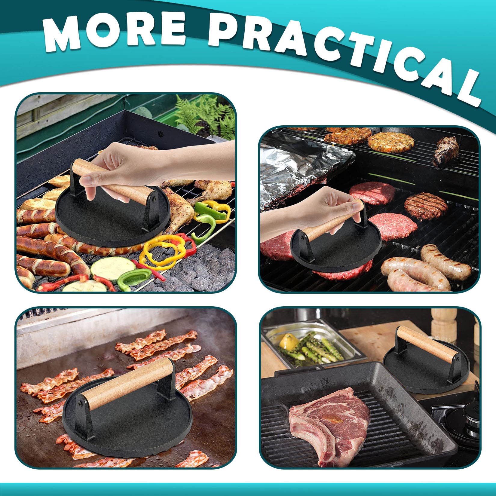 9 Inch Stainless Steel Cheese Melting Dome & Cast Iron Grill Press Kit - Joyfair Griddle Basting Cover for Burgers, Sandwiches & Flat Top Cooking | Perfect for Outdoor Camping, BBQ, Teppanyaki & Home Kitchen Use | Dishwasher Safe