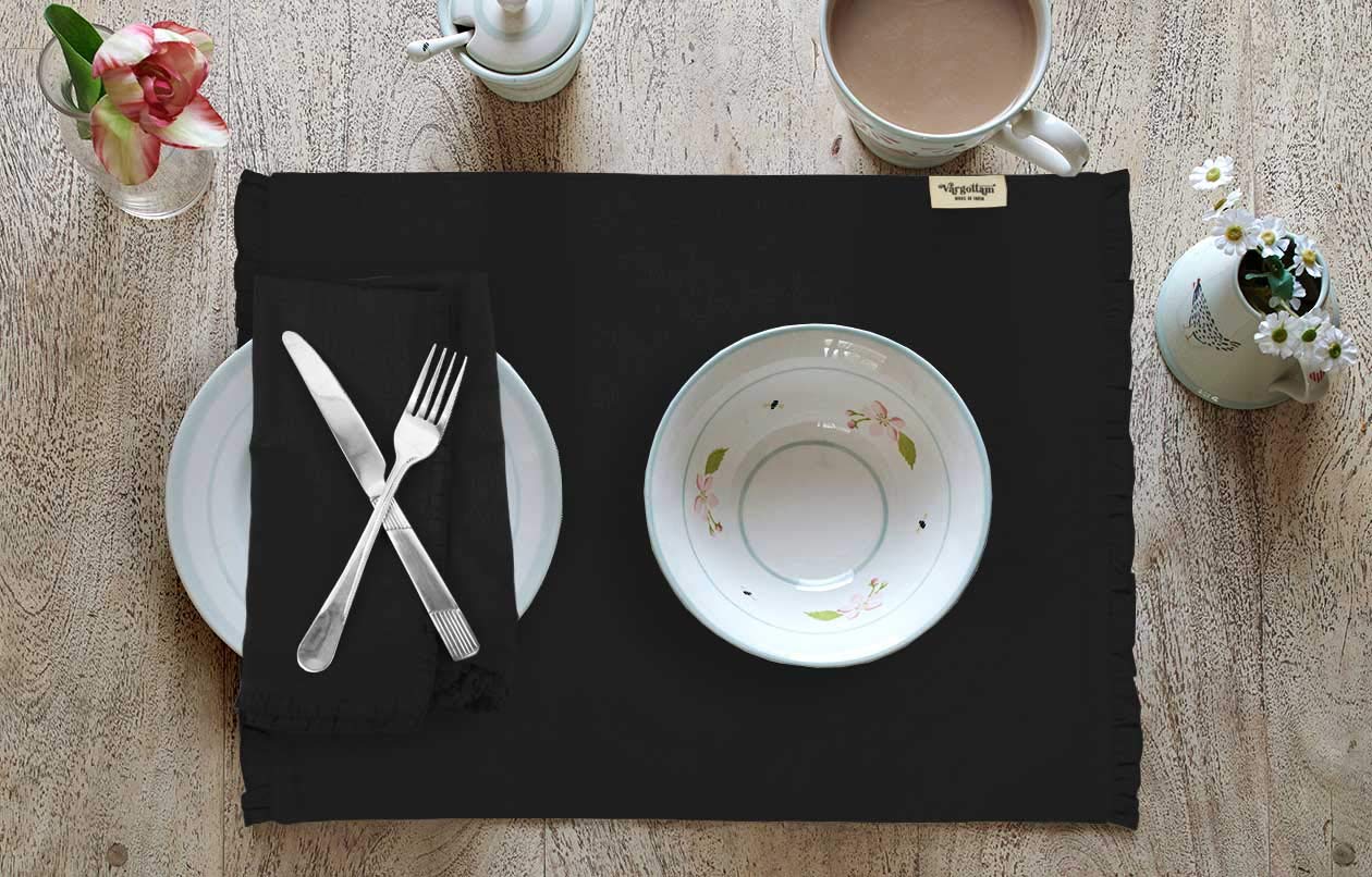 Premium Black Washable Frill Placemats Set with Napkins - 6 Pack Elegant Table Decor for Everyday Dining, Parties & Home Styling