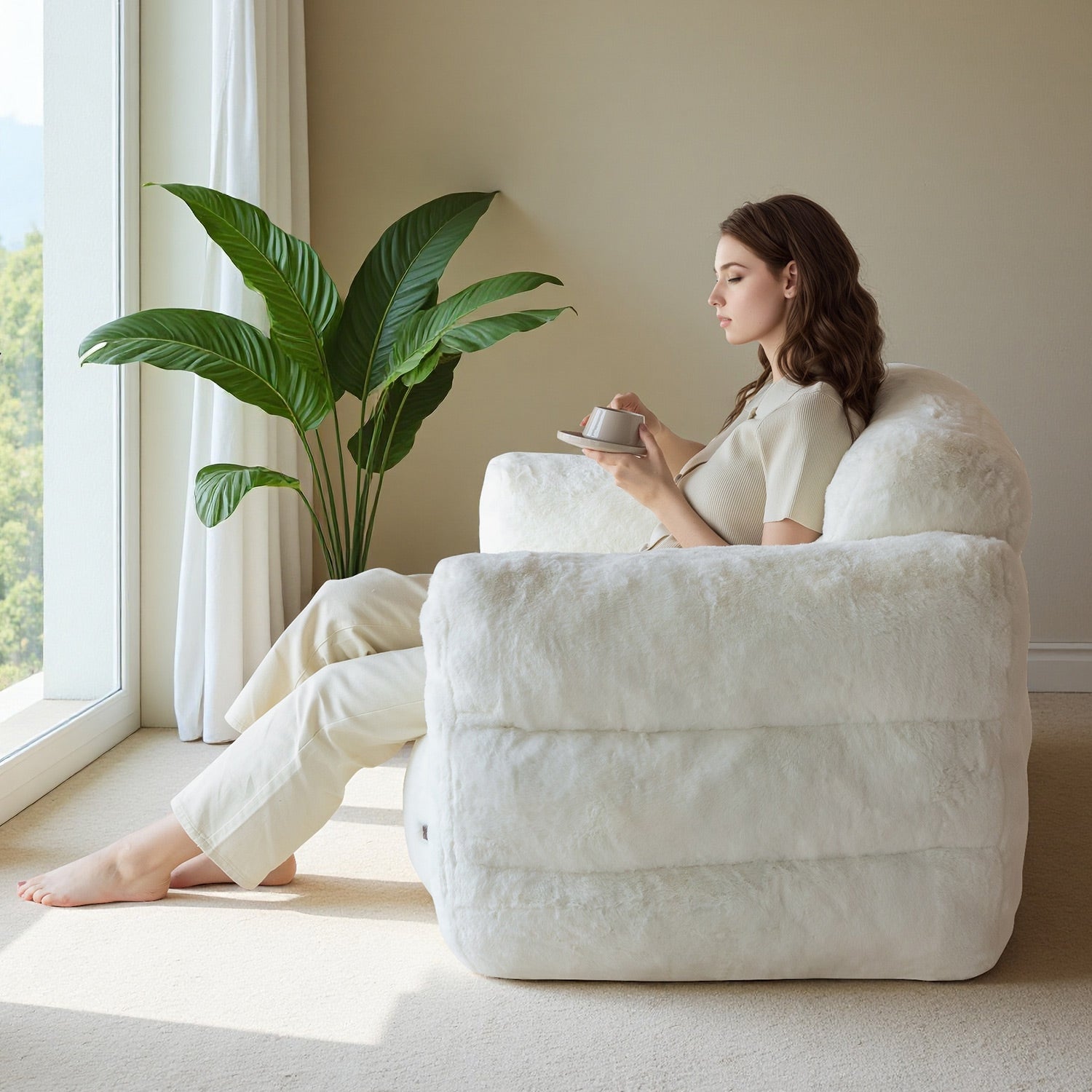 MAXYOYO Giant Bean Bag Chair - Ultra Soft Fluffy Oversized Bean Bag Sofa for Adults & Teens, Cozy Reading Nook Chair, Lounge Chair for Bedroom, Living Room, Dorm - Beige (Perfect for Relaxing, Gaming & Movie Nights)