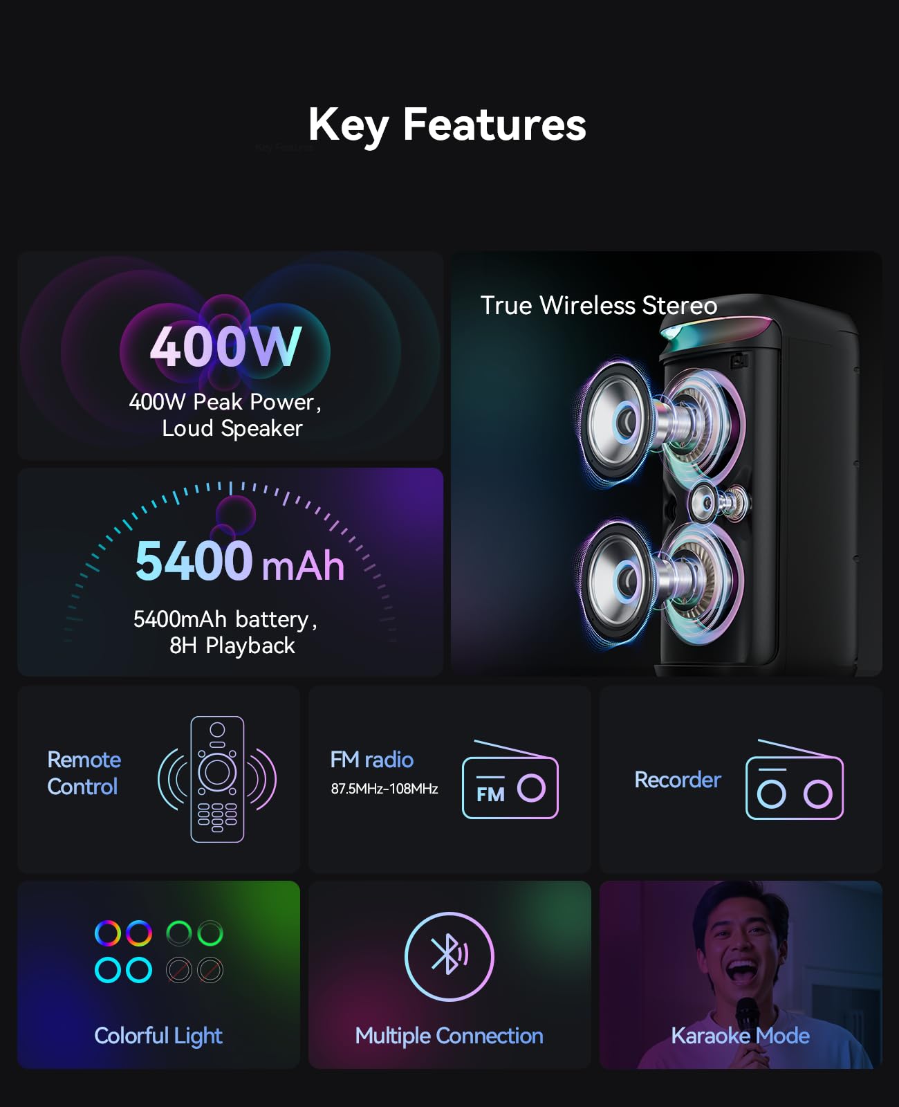 Portable Bluetooth Karaoke Machine with 2 Wireless Microphones - 400W Peak Power PA Speaker System with LED Disco Lights & 6.5
