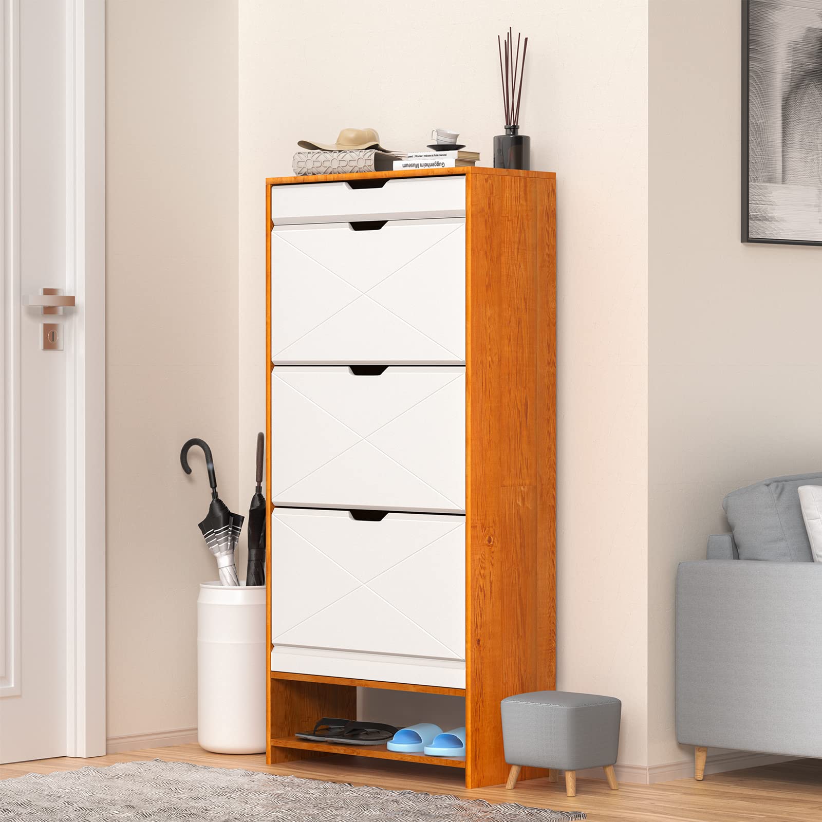 5-Tier Flip Down Shoe Cabinet for Entryway - Narrow Shoe Storage Organizer with Drawers, Removable Shelf & Bottom Tipping Bucket | Space-Saving Shoe Rack for Hallway, Closet & Small Apartments