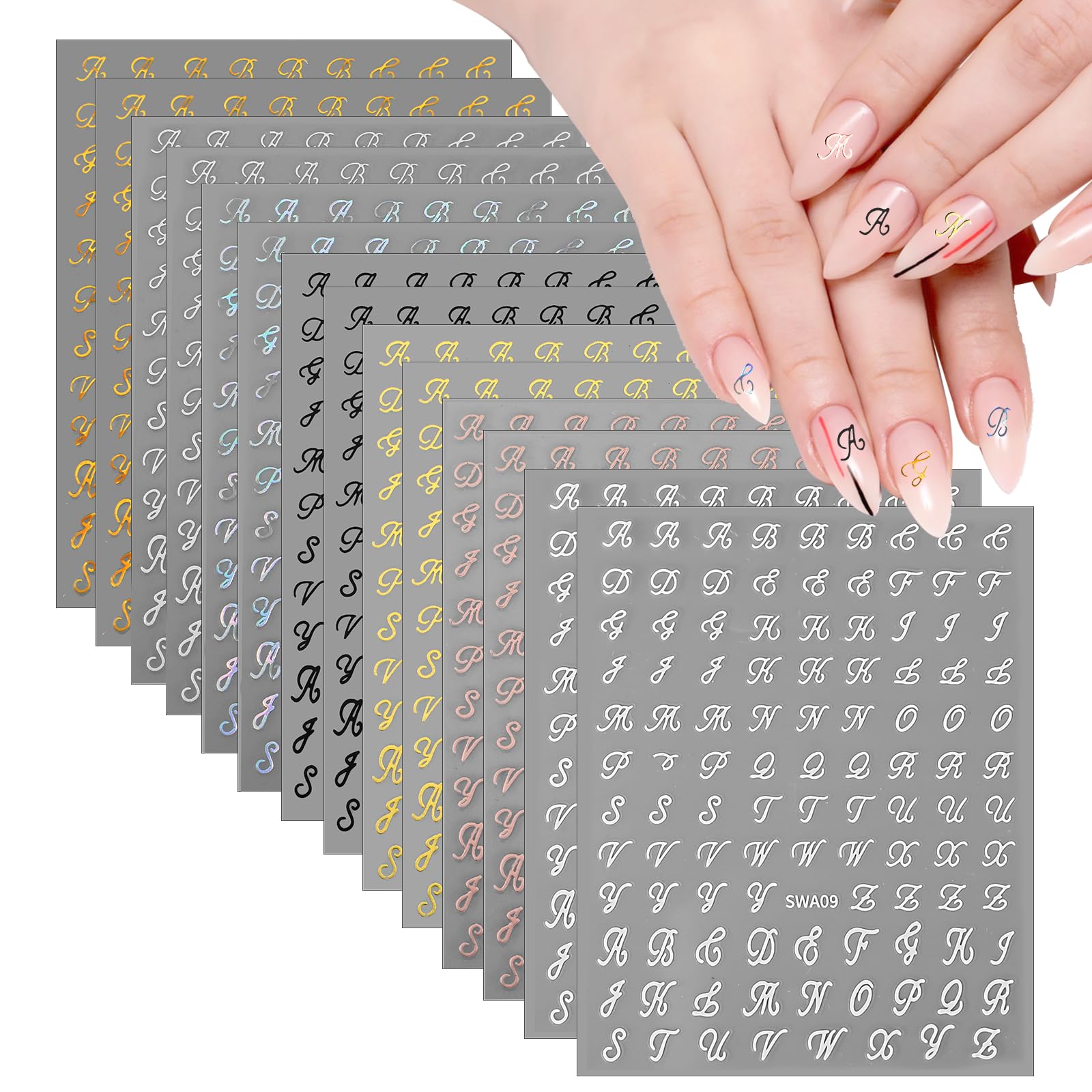 14 Sheets 3D Self-Adhesive Nail Letter Stickers - Black White Gold Silver Old English Alphabet Nail Art Decals for Women & Girls | DIY Manicure Accessories for Parties, Weddings, and Special Occasions