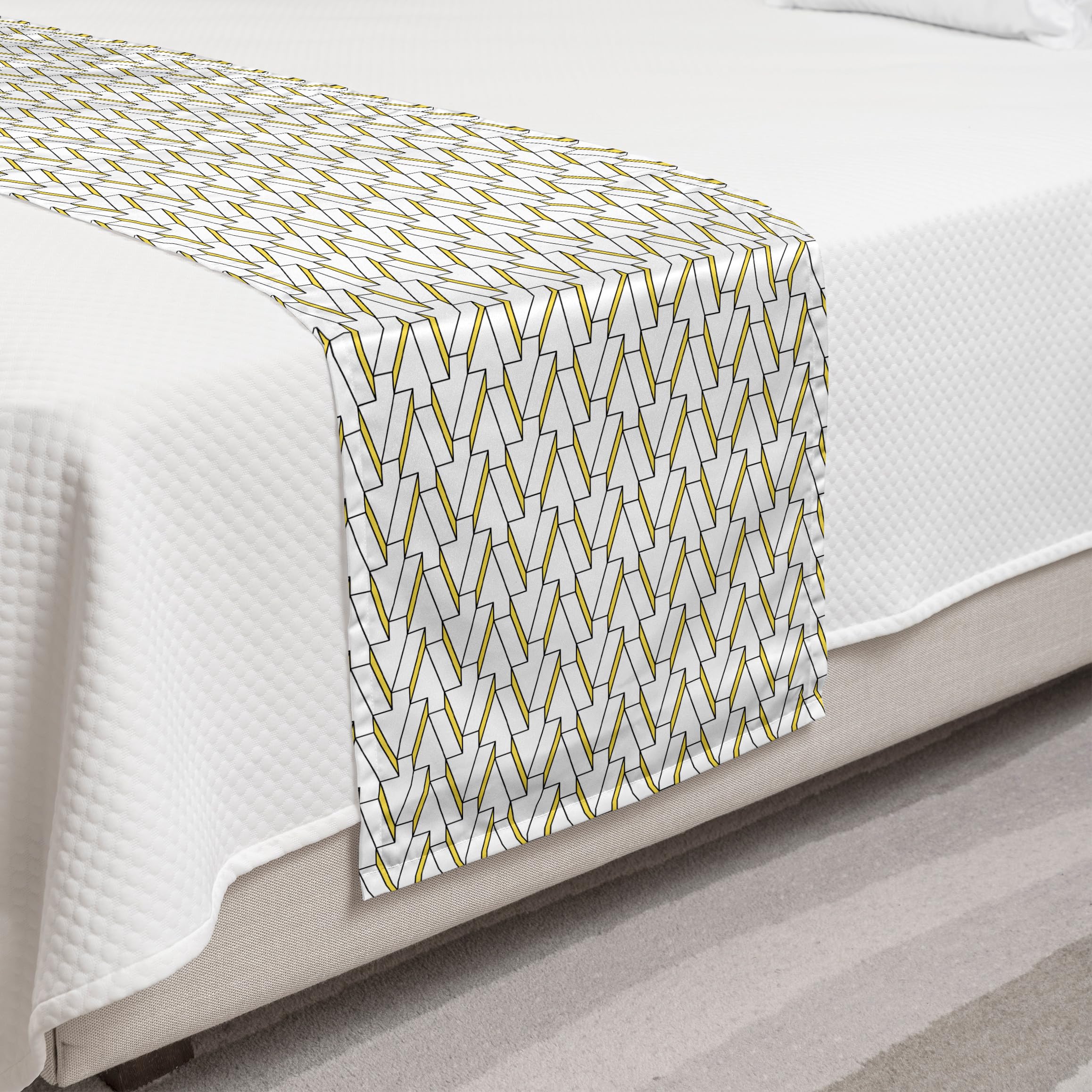 Ambesonne Yellow and White Bed Runner - Cubism Inspired Brick Design Decorative Bed Scarf for Hotels, Homes & Guestrooms | Yellow Black White Pattern | Perfect for Master Bedrooms, Guest Beds & Luxury Hotel Decor