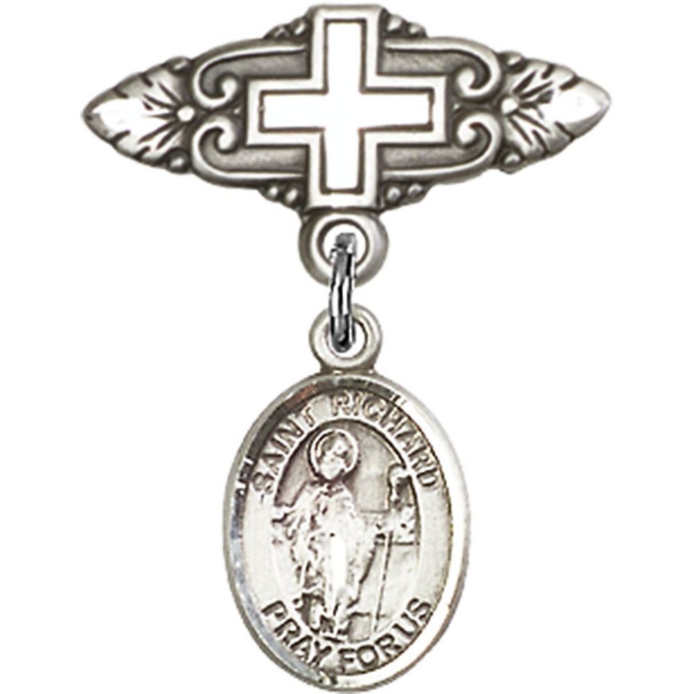 1 X 3/4 Inch Sterling Silver Baby Badge with St. Richard Charm & Cross Pin - Perfect for Christening, Baptism Gifts & Religious Jewelry Collections