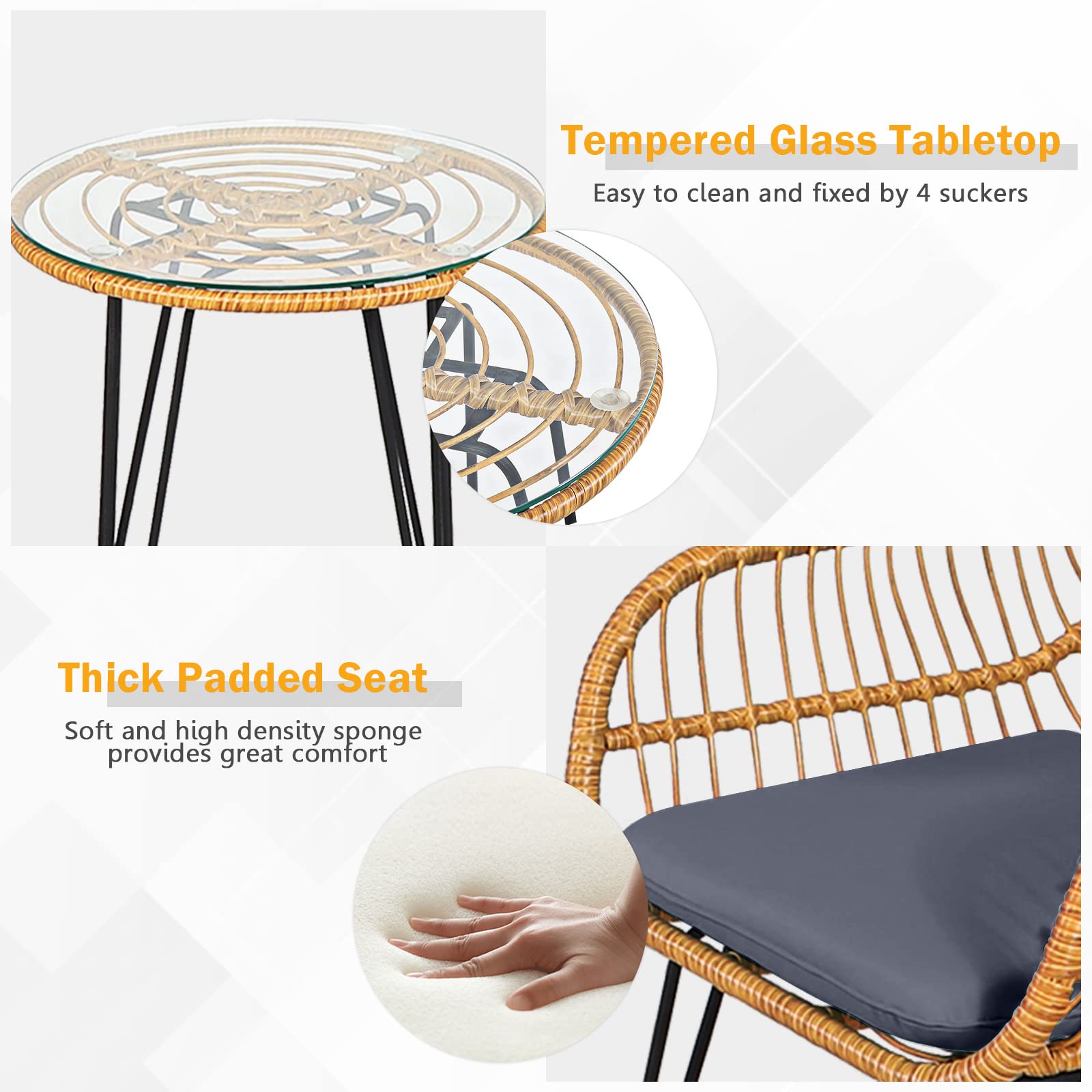 HappyGrill 3-Piece Rattan Bistro Set with Steel Frame Round Coffee Table & Soft Cushions - Outdoor Patio Dining Furniture for Garden, Balcony, or Backyard Relaxation