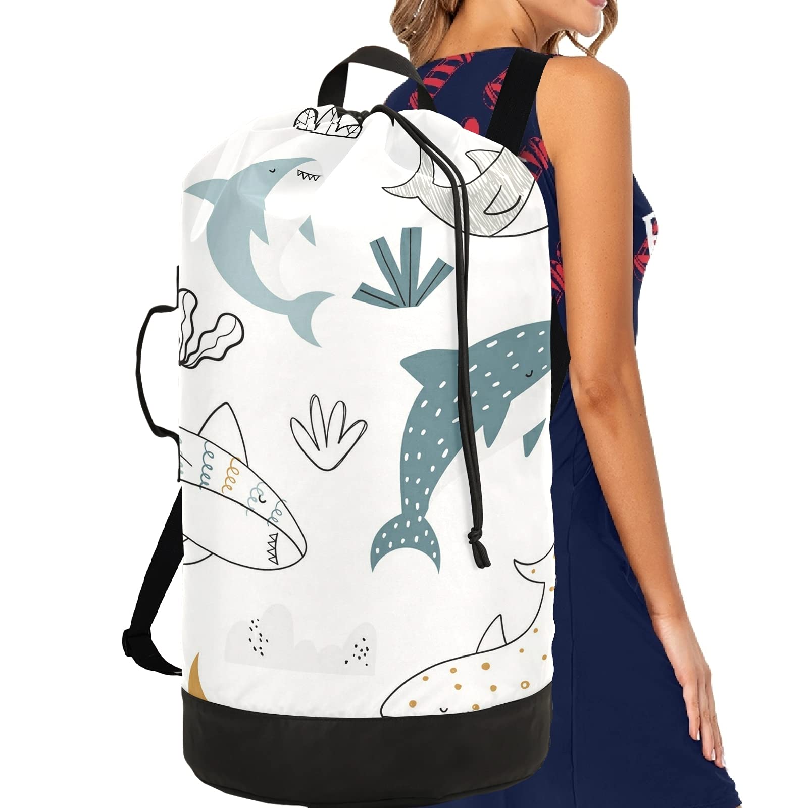 Hand-Drawn Shark Laundry Backpack - Heavy Duty Travel Laundry Bag with Adjustable Shoulder Straps, Foldable for Laundromat, Dorm, Camping & Luggage Storage | Perfect for College Students, Travelers & Outdoor Enthusiasts