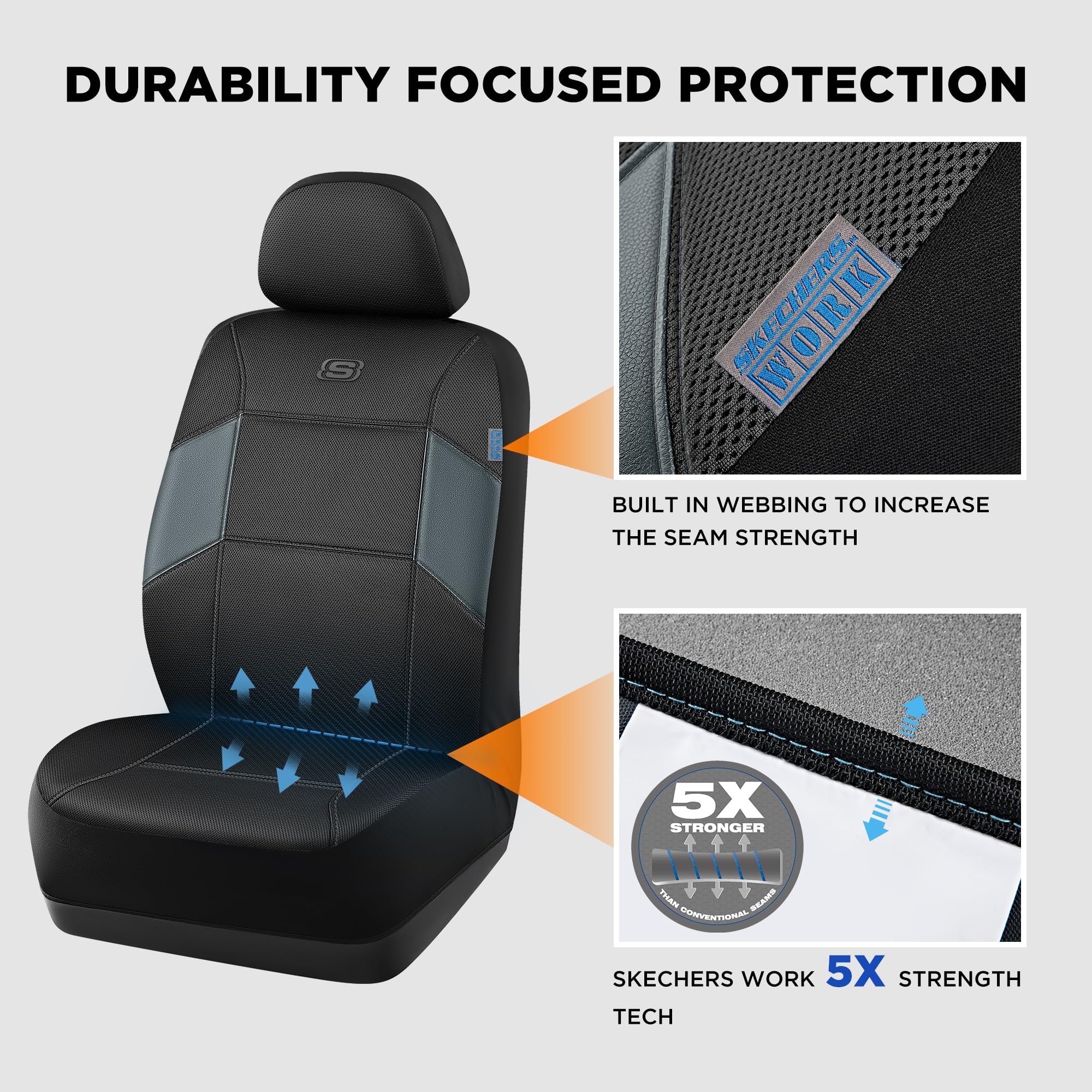 Skechers Work Car Seat Covers - Premium Leather Auto Seat Protectors with 5X Stronger Webbing & Breathable Mesh Fabric | Airbag Compatible for Cars, Trucks & SUVs | Perfect for Commuting, Road Trips & Work Vehicles (Grey, 2 Front Seats)