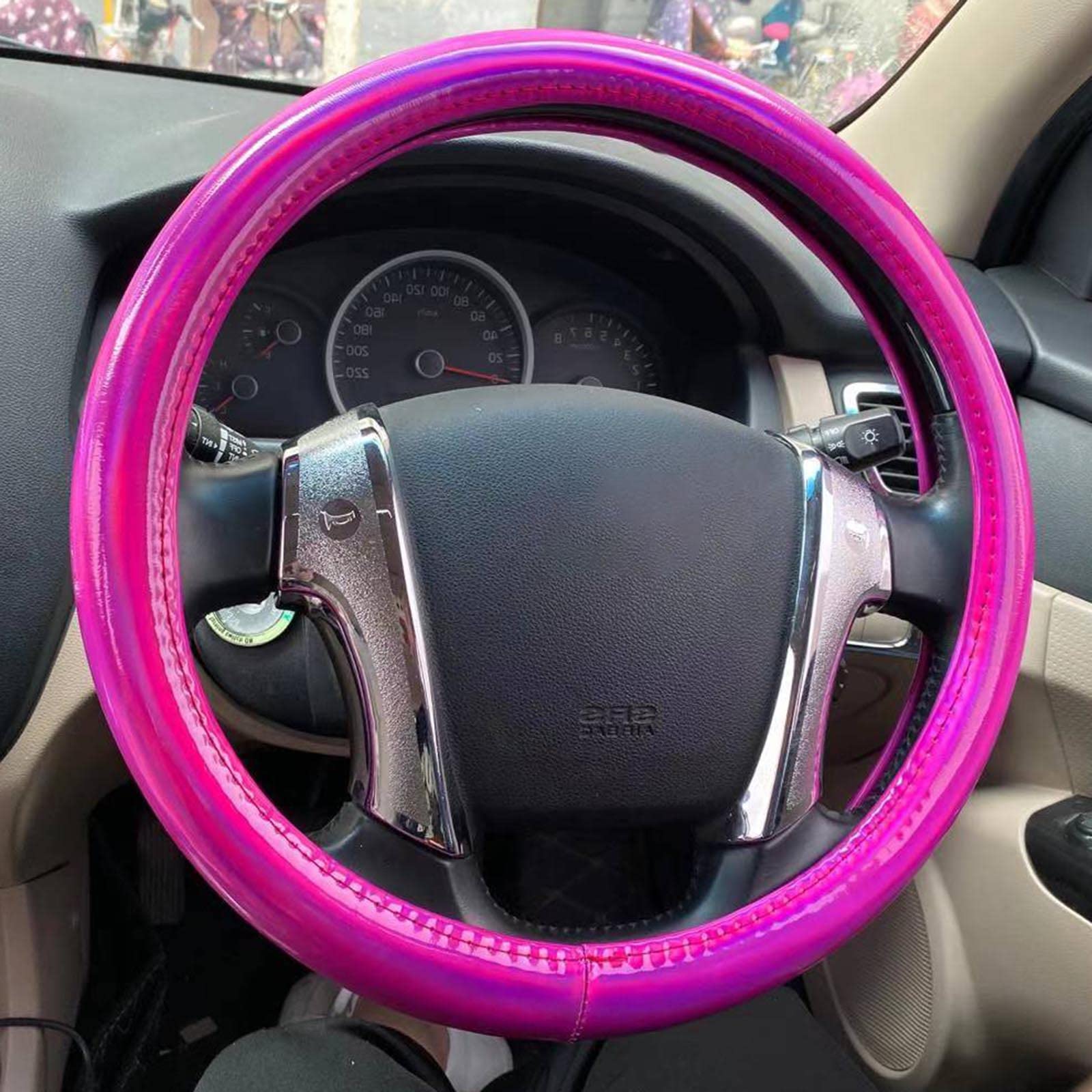 Universal Summer Colorful Glossy Leather Steering Wheel Cover - Non-Slip Grip, Rose Red - Premium Car Interior Accessories for Sedan, SUV & Truck - Perfect for Road Trips & Daily Commute