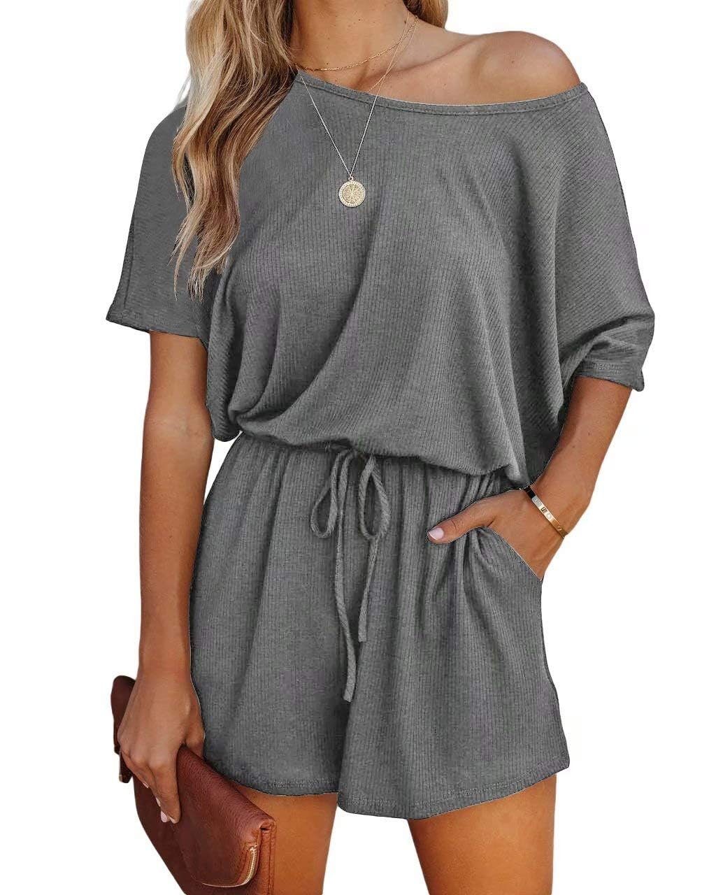 Lacozy Women's 2025 Summer Short Sleeve Off Shoulder Romper Jumpsuit - Casual One Piece Overalls with Shorts for Beach, Party & Vacation Outfits