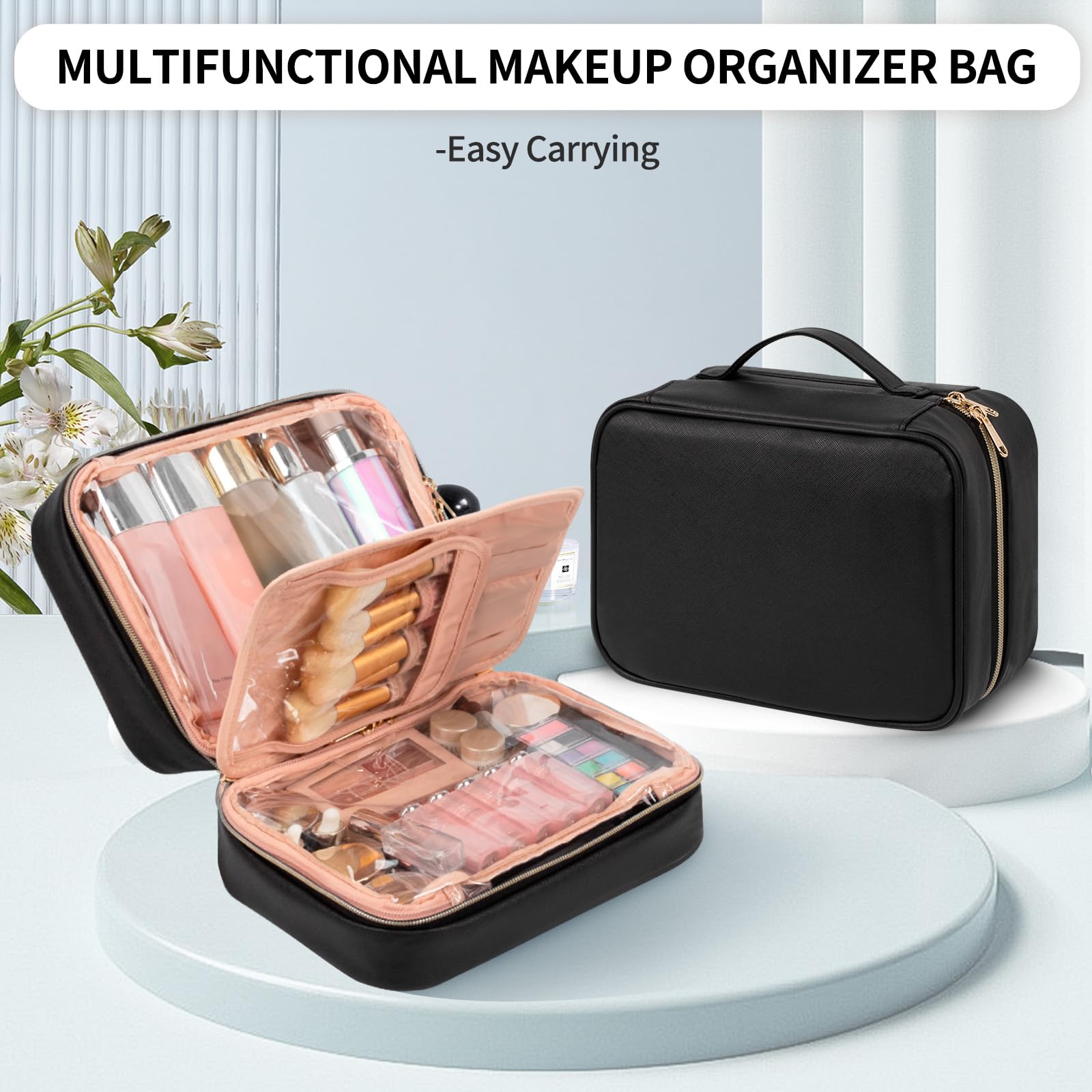 OCHEAL Large Waterproof Makeup Travel Bag with Brush Compartment & Handle - Cosmetic Organizer for Women & Girls, Perfect for Travel, Gym, and Daily Toiletry Storage (Black)