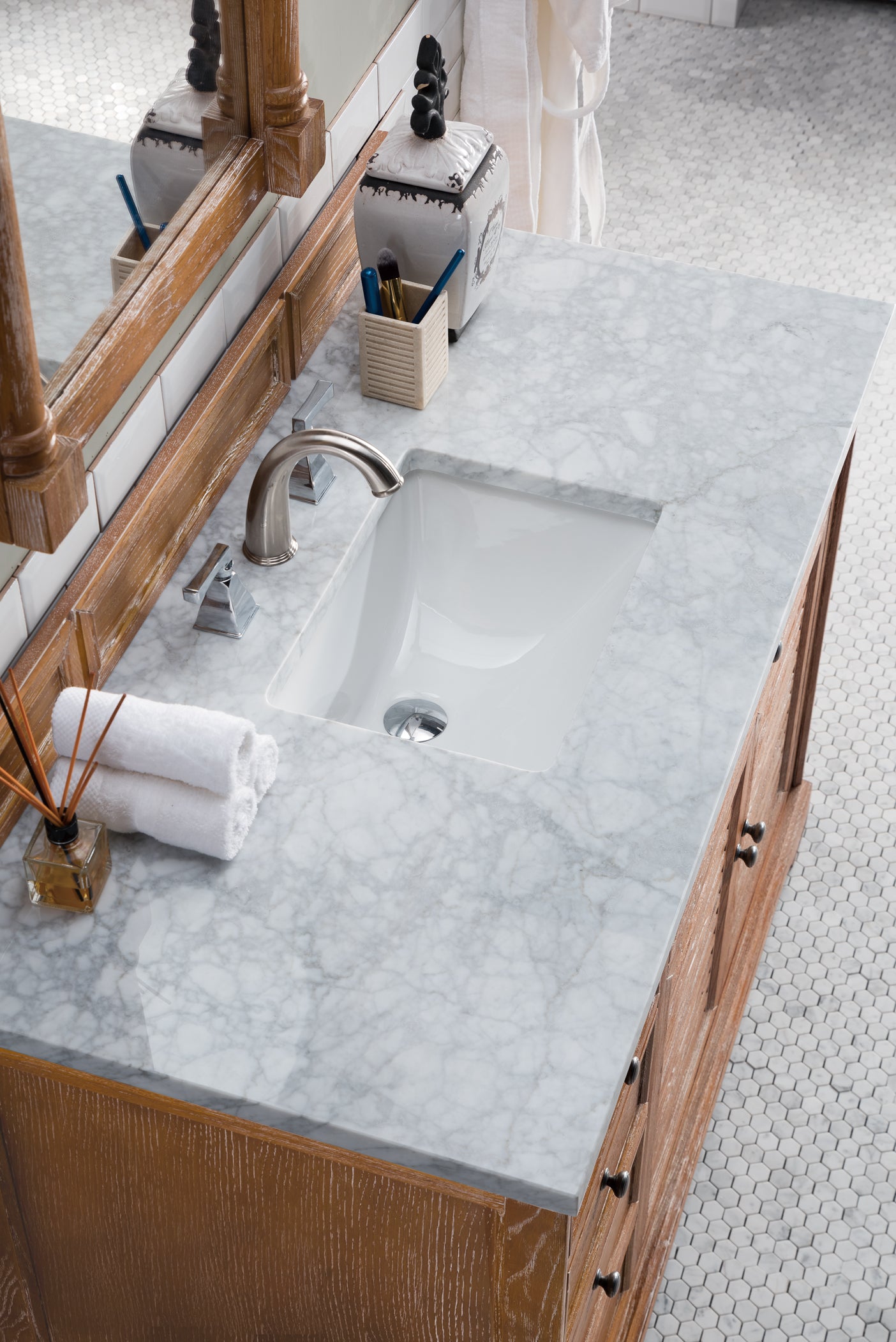Savannah 48 Inch Driftwood Single Bathroom Vanity with 3CM Carrara Marble Top - Perfect for Modern Farmhouse, Coastal, or Transitional Style Bathrooms