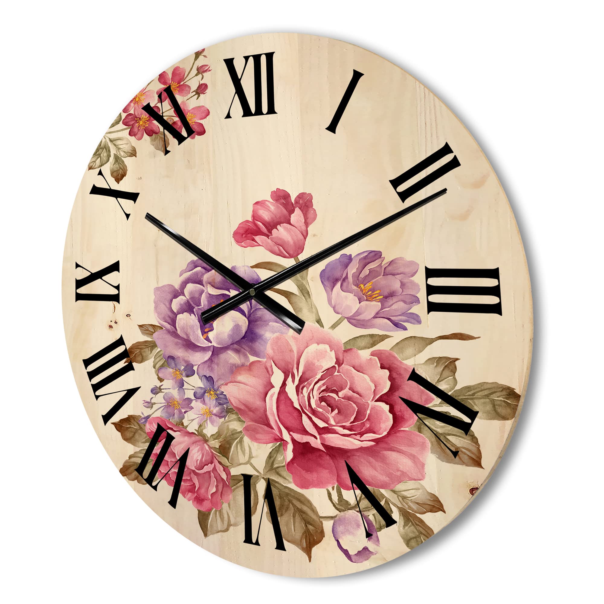 Farmhouse Wood Wall Clock - Large Decorative Floral & Botanical Wall Art with Purple and Pink Flowers - Oversized Rustic Wooden Clock for Living Room, Bedroom, Kitchen & Office Décor