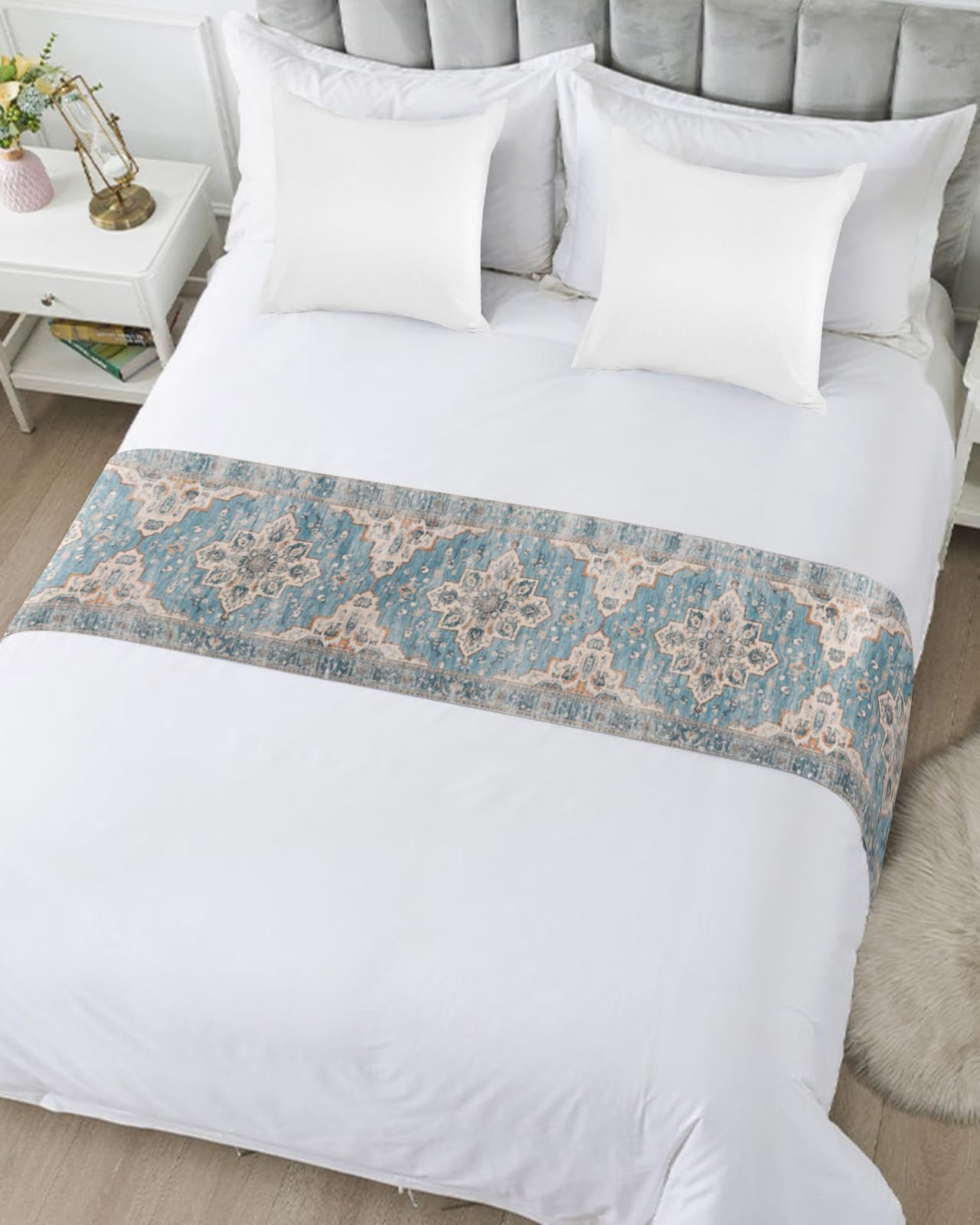 Blue Boho Bed Runner for Queen Size Bed - 83 x 20 Inch Luxury Bed Scarf Throw with Mid-Century Abstract Geometric Design - Perfect for Home Decor, Hotel Bedding & Western Style Bedroom Accent
